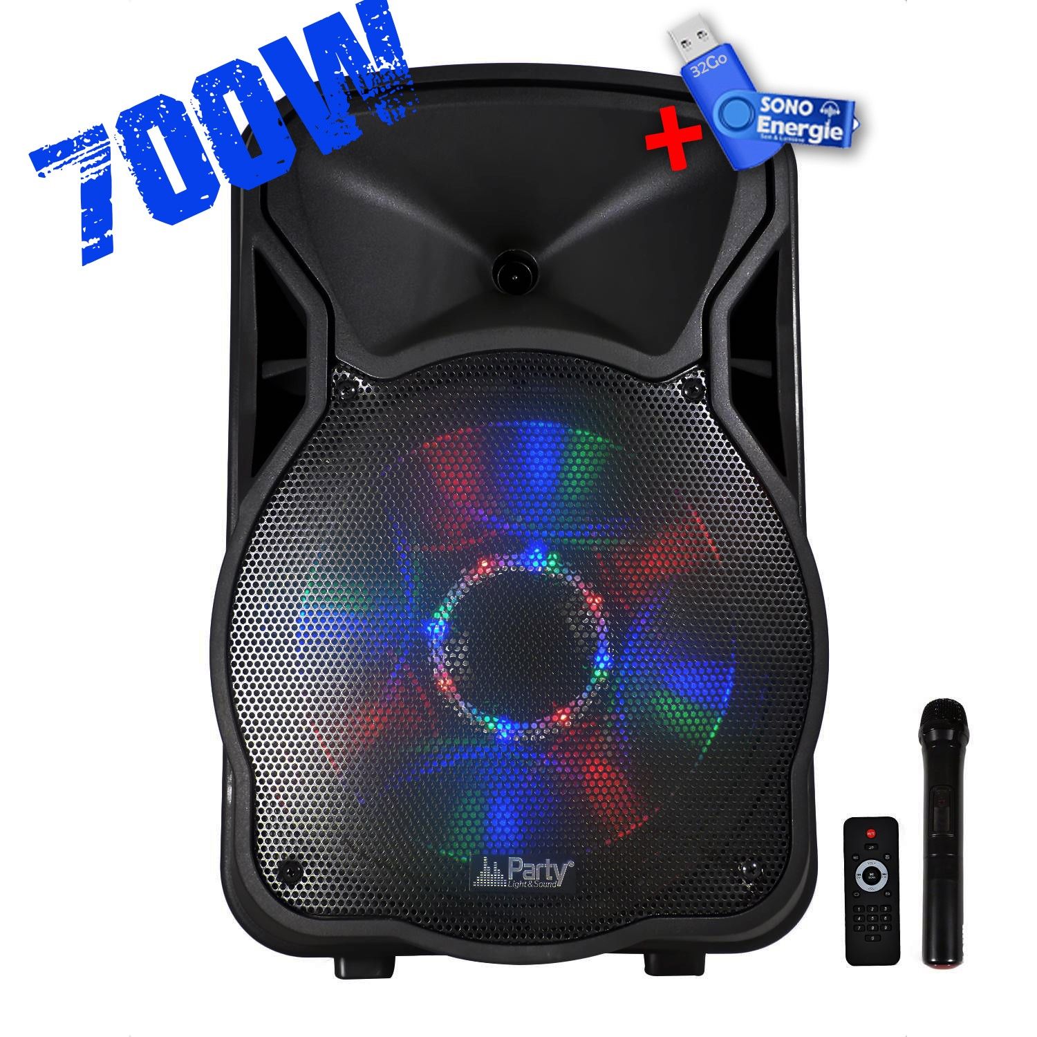 Haut-parleur portable amplifié Party Sound & Light PARTY12 de 700 W avec LED RVB