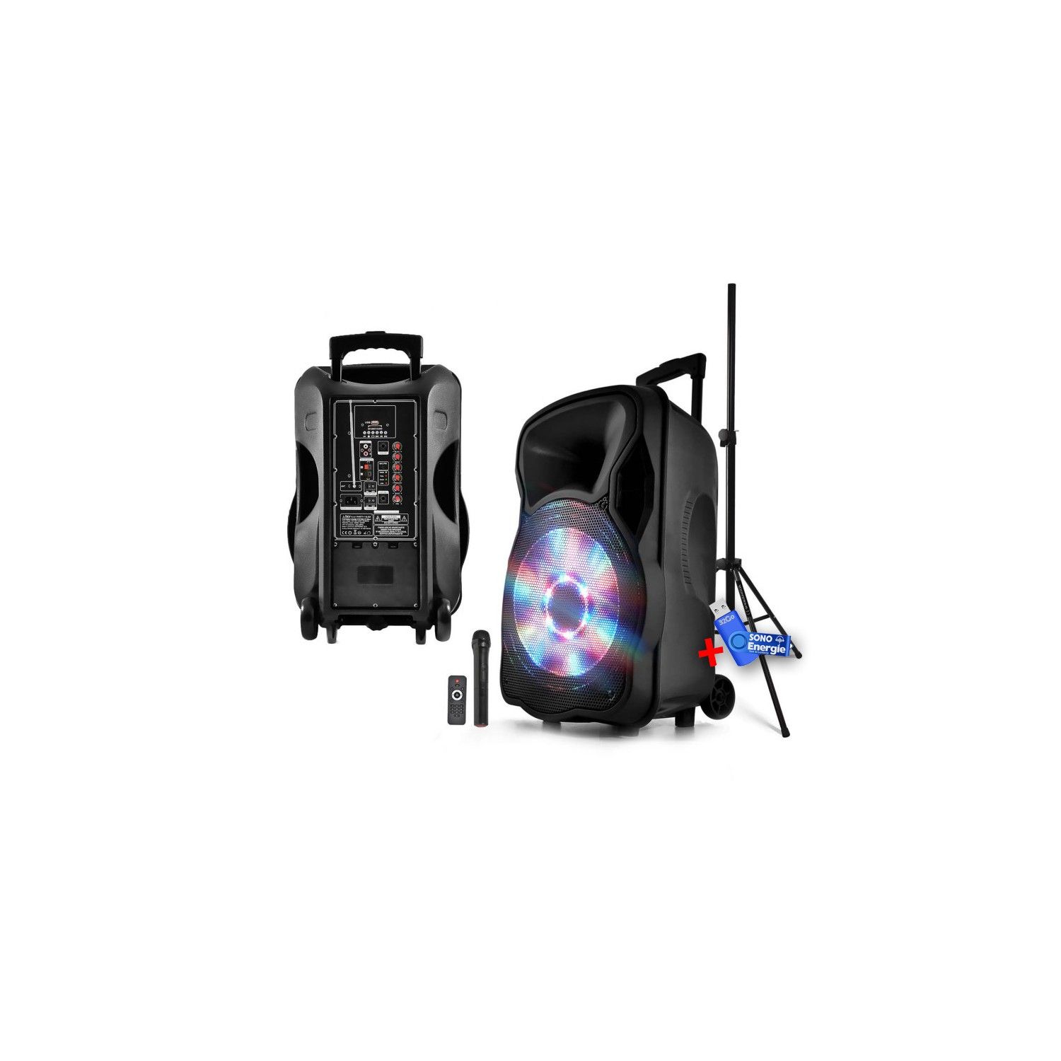 My Deejay 800W Active LED Speaker with USB/BT/SD/FM, 15"/38cm + Stand