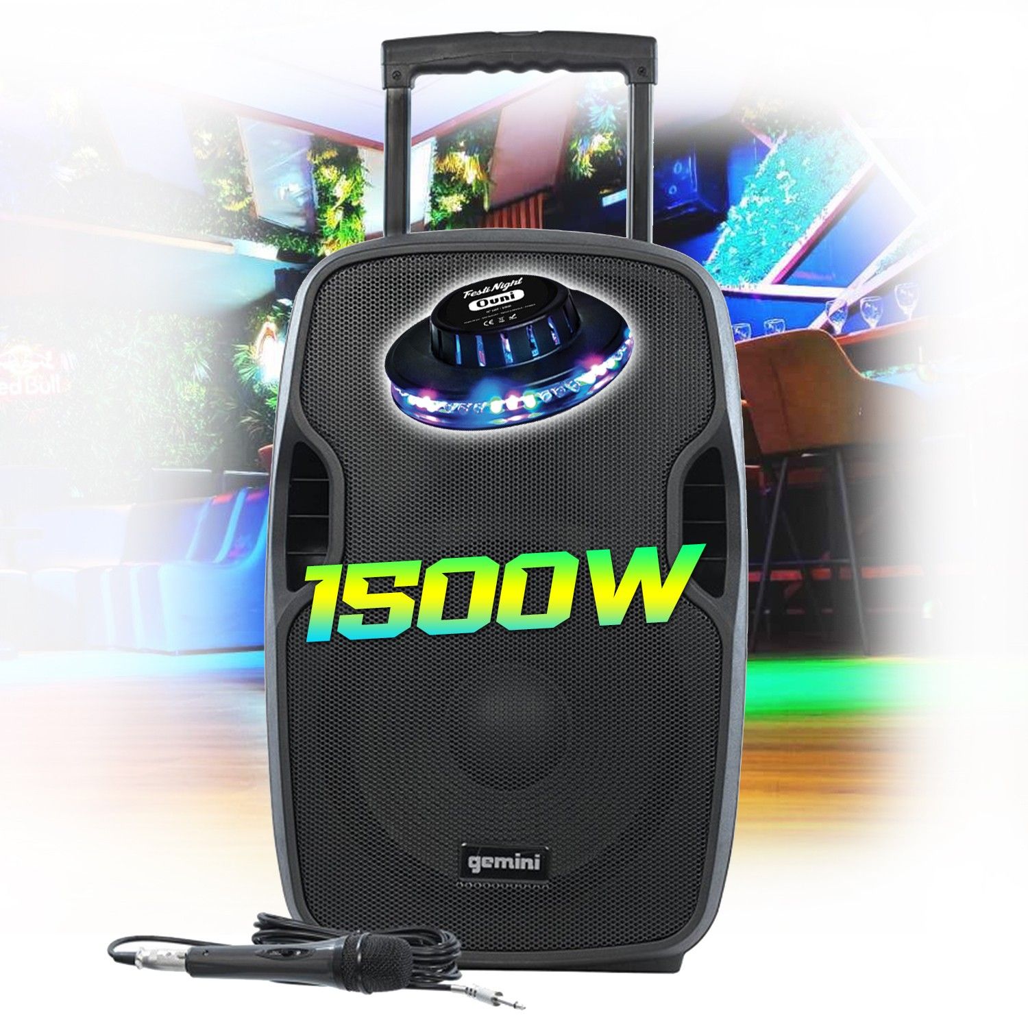 Gemini AS-12TOGO 1500W Active Speaker with Battery, DJ PA System 12" Bluetooth USB SD Radio FM Microphone Light Show