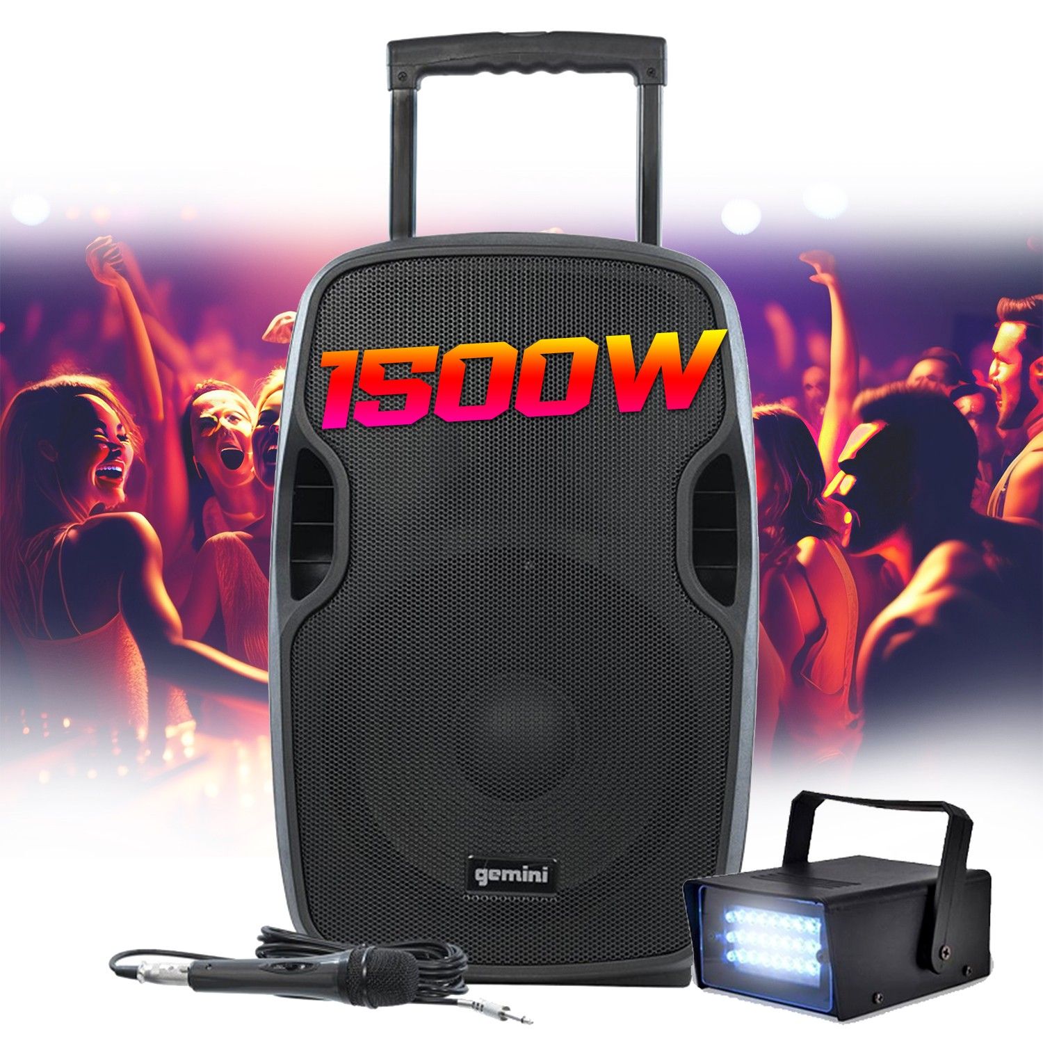 Enceinte DJ Gemini AS-12TOGO 1500W sur batterie, système PA 12 pouces, USB/SD Bluetooth/Radio FM, micro, kit lumière stroboscopique