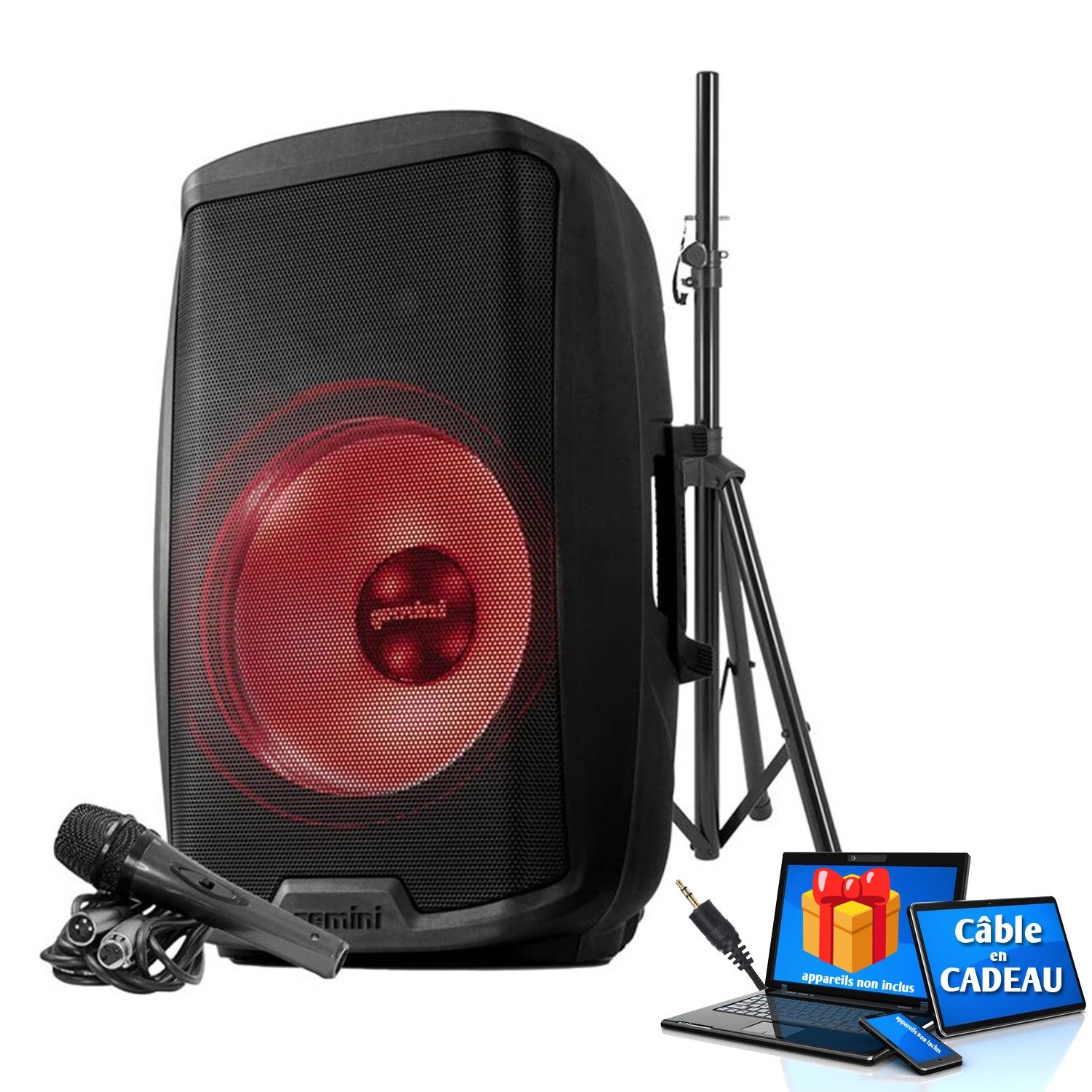 Bm Sonic Gemini AS-2115BT-LT-PK 15" Boom Box Speaker with LED Lighting and Bluetooth, USB/SD/FM, Stand, PC Cable for Smartphone