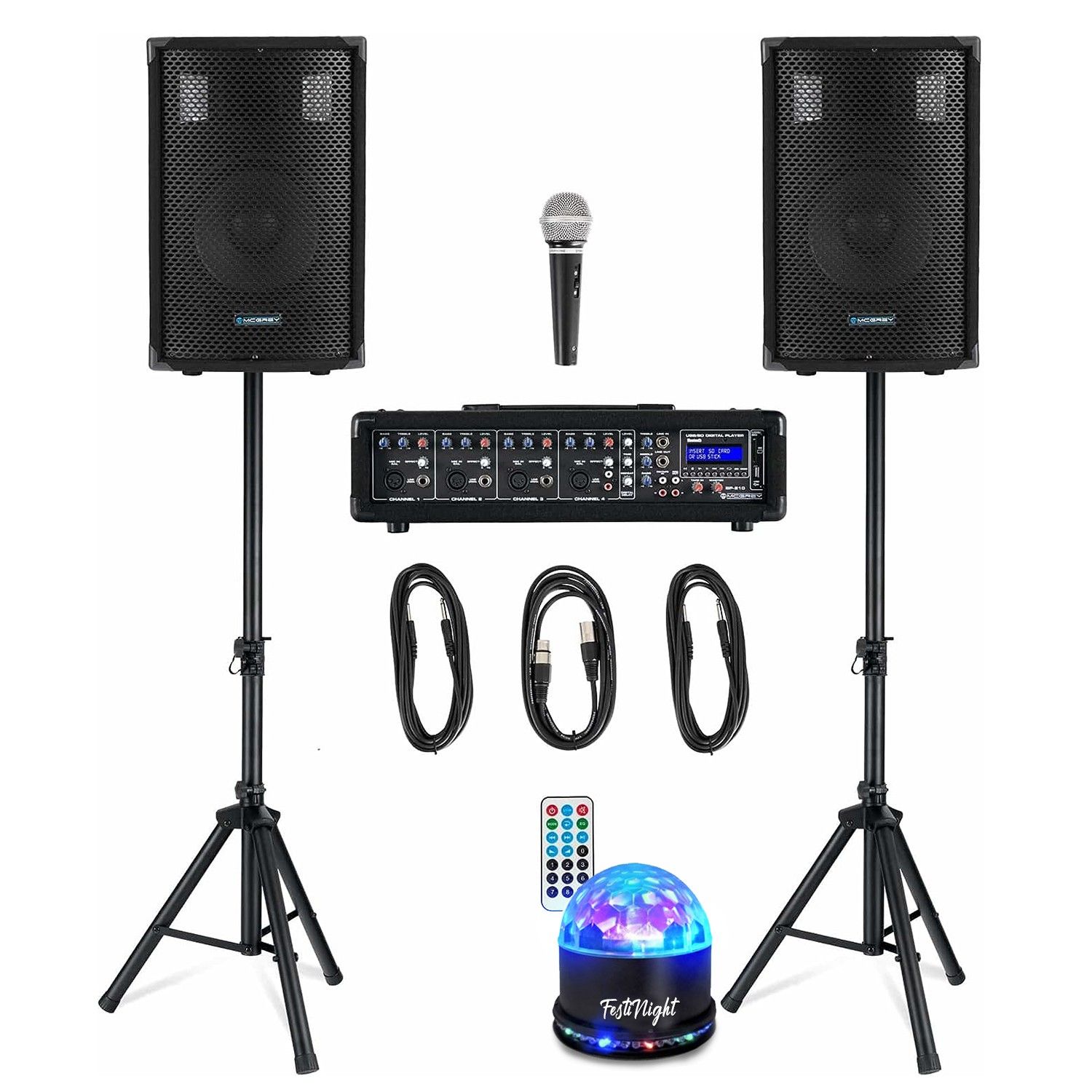 McGrey BP-210 Complete Sound Pack - 10" Speakers, Stands, Mixing Table, Bluetooth USB, Cables, Microphone, LED Light
