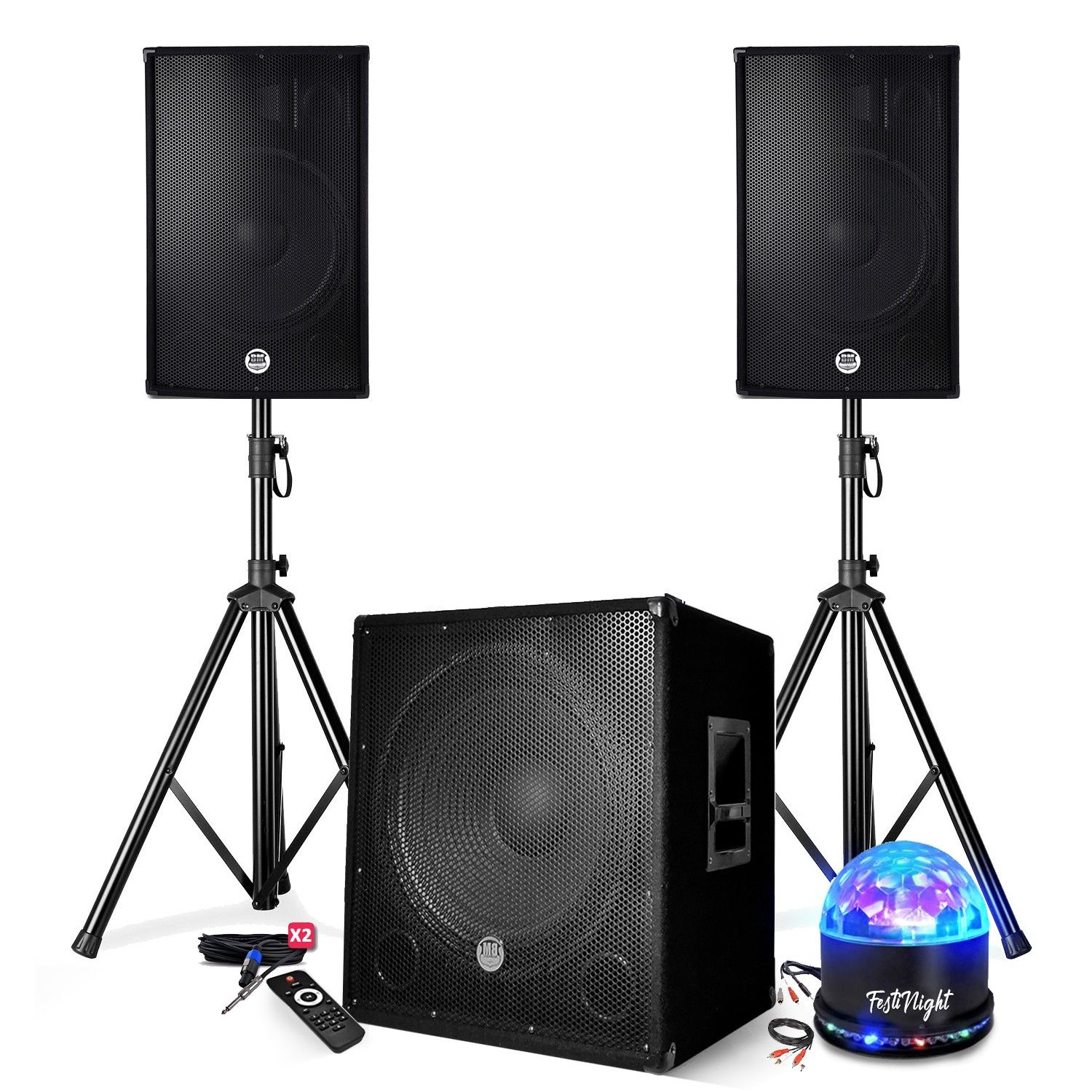 BM SONIC BMS-1515 Sound System Pack - 2500W - 15" Speakers + Subwoofer + Stands - USB/Bluetooth, Light Show