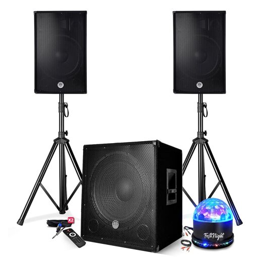 Kit de Sonorización BM SONIC BMS-1515 - 2500W - Altavoces DJ de 15" + Subwoofer de 15" + Piezas de Apoyo - USB/Bluetooth, Juego de Luces