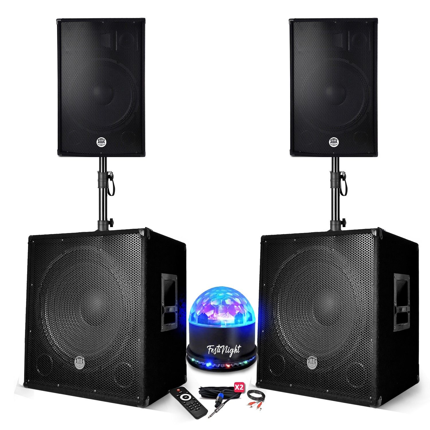 BM SONIC BMS-151515 3000W Sound System Pack - 15" Speakers + 2 Subwoofers + Stands - USB/Bluetooth, LED Light Kit