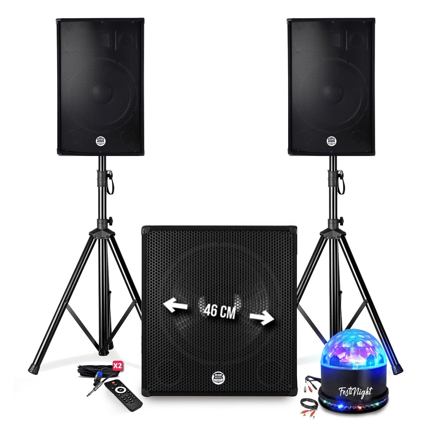 BM SONIC BMS-1815 Speaker System - 2700W - 15" Subwoofer + 18" Speaker + Stands - USB/Bluetooth with LED Light Show