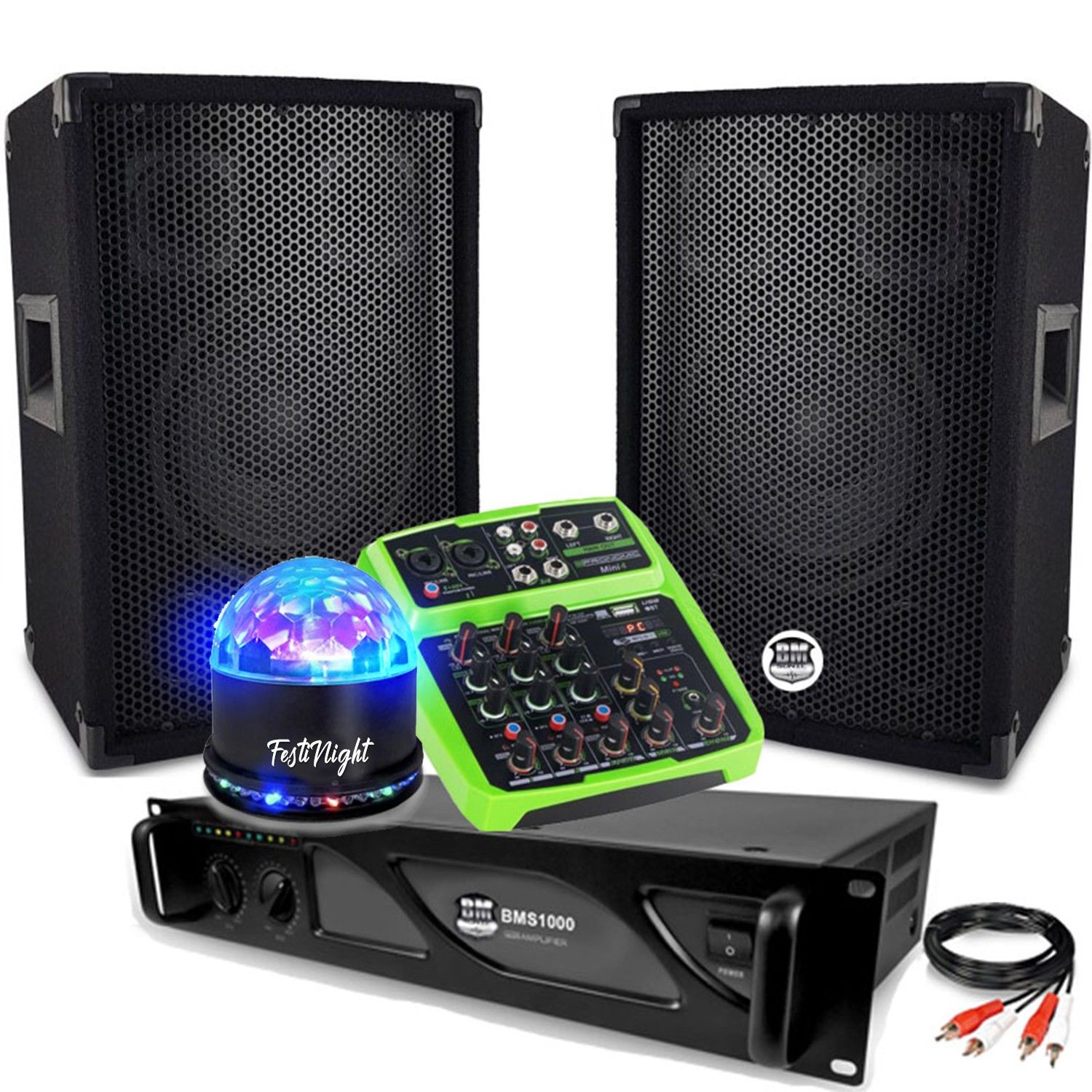 Pack Sonorisation Bm Sonic avec Enceintes BMS08, Amplificateur DJ PRO 1000W et Table de Mixage MINI4, plus Boule de Lumière LED RVB