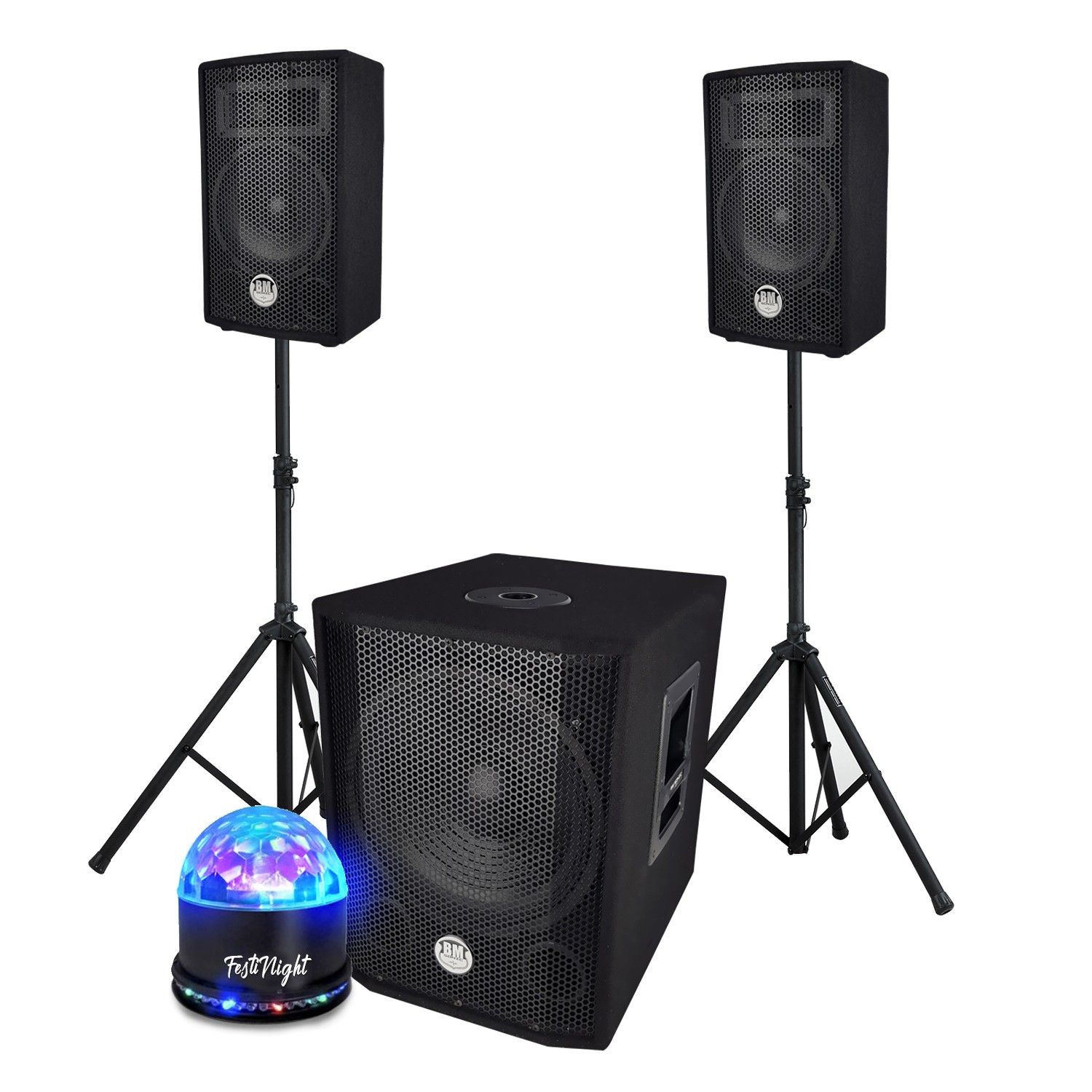 BM SONIC BMS 1208 Triphone System, Bi-Amplified Subwoofer 1000W - USB Bluetooth, 30cm Speaker, 2 8" Satellites, Cables, Stands
