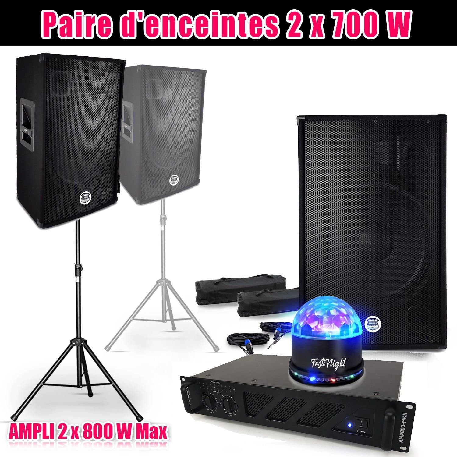 Bm Sonic Pack SONO: 2 x BM SONIC BMS-15 Speakers, Ibiza AMP-1000 MKII Amplifier, Stands and Cables, Light Set