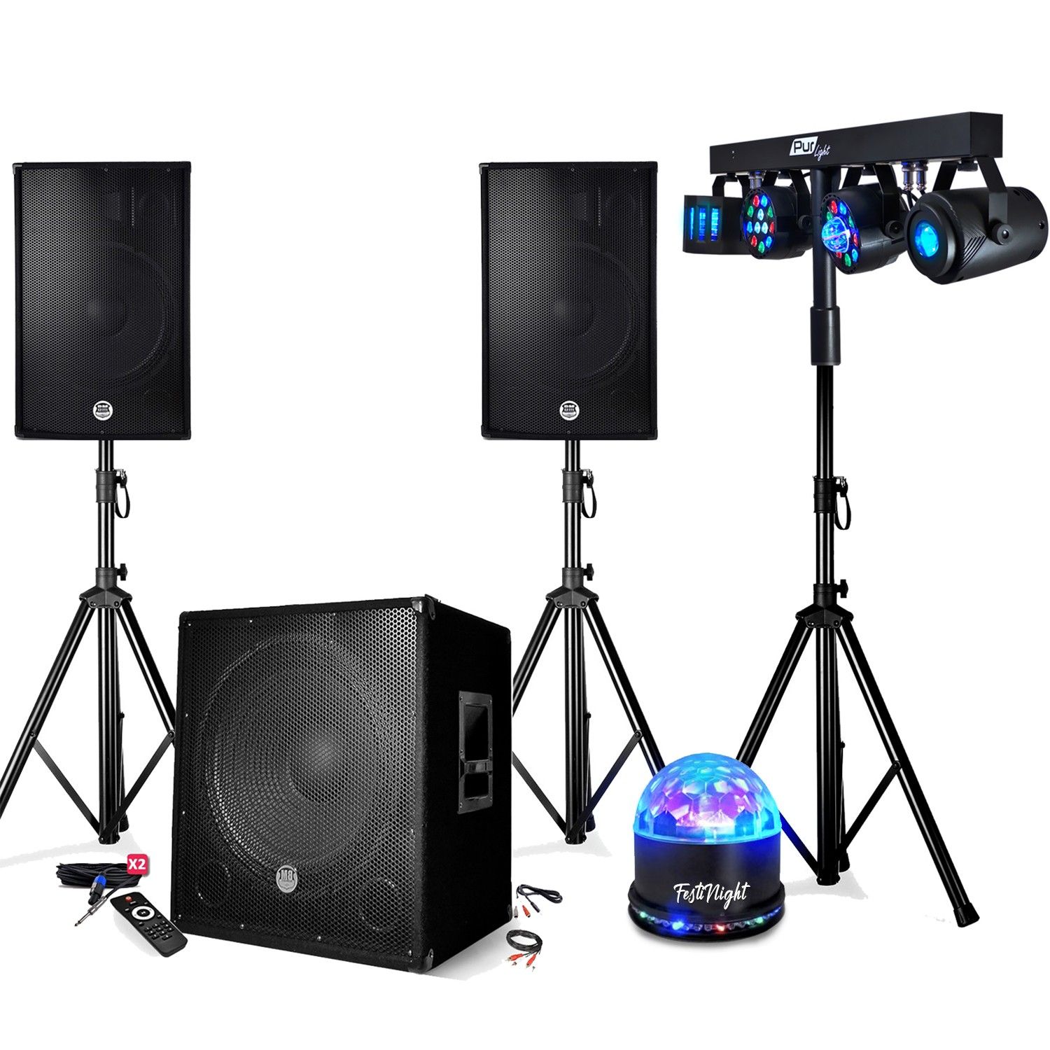 Kit de sonido Bm Sonic BMS-1512 de 2200W - Altavoces, Subwoofer y Estantes con Bluetooth y USB