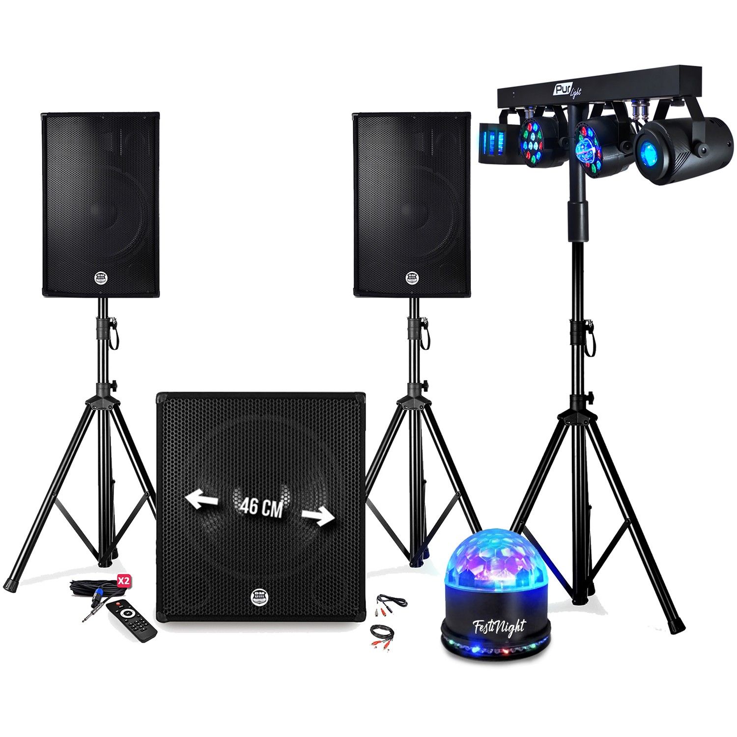 Bm Sonic 2400W Sound Pack - Subwoofer, Speakers, Stand and Lights