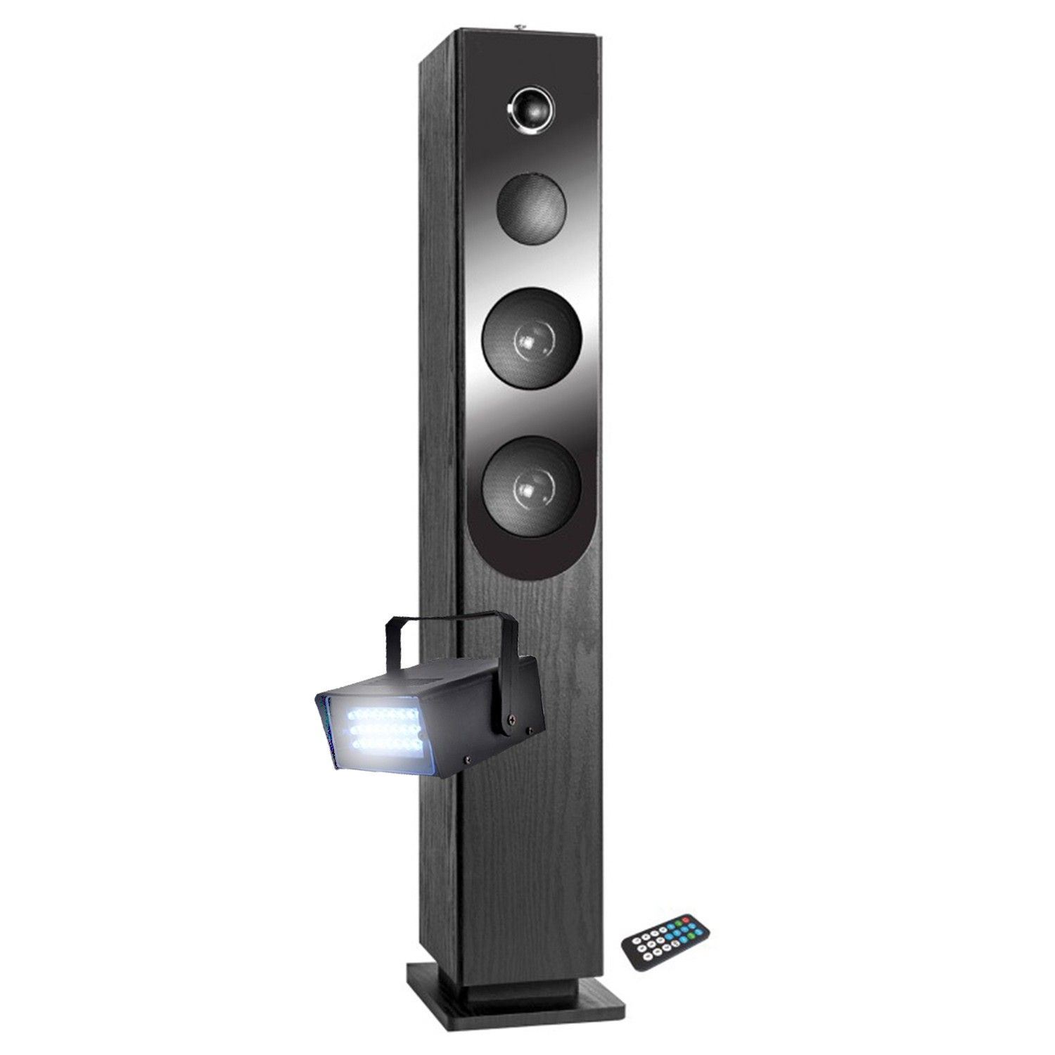 Haut-parleur Inovalley Blacktower+ avec lecteur CD, Bluetooth, radio FM et USB, 100W + télécommande - lumière stroboscopique mini offerte