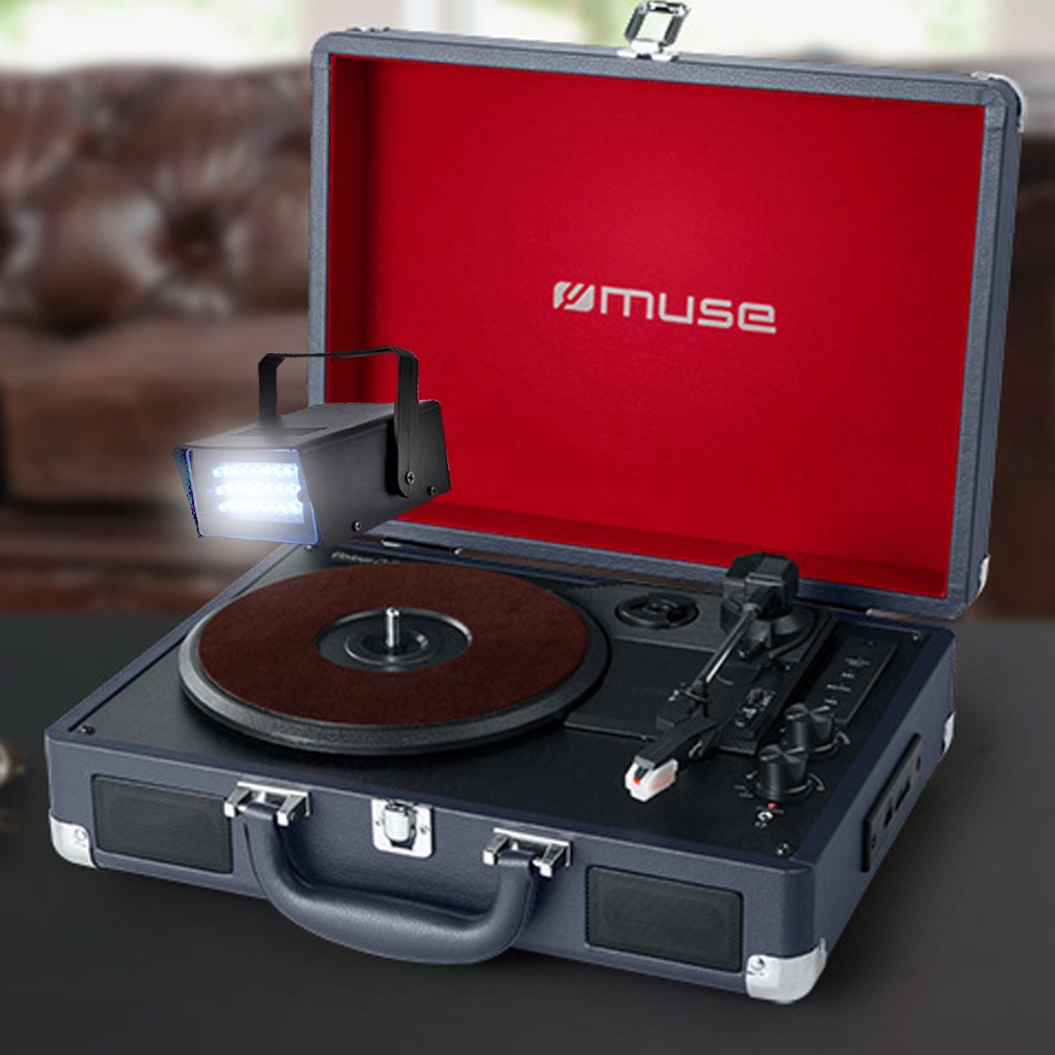 BMI Stereo Vinyl Player with Built-in Speakers - USB/SD/AUX - Headphone Jack - Mini Strobe Light Gift