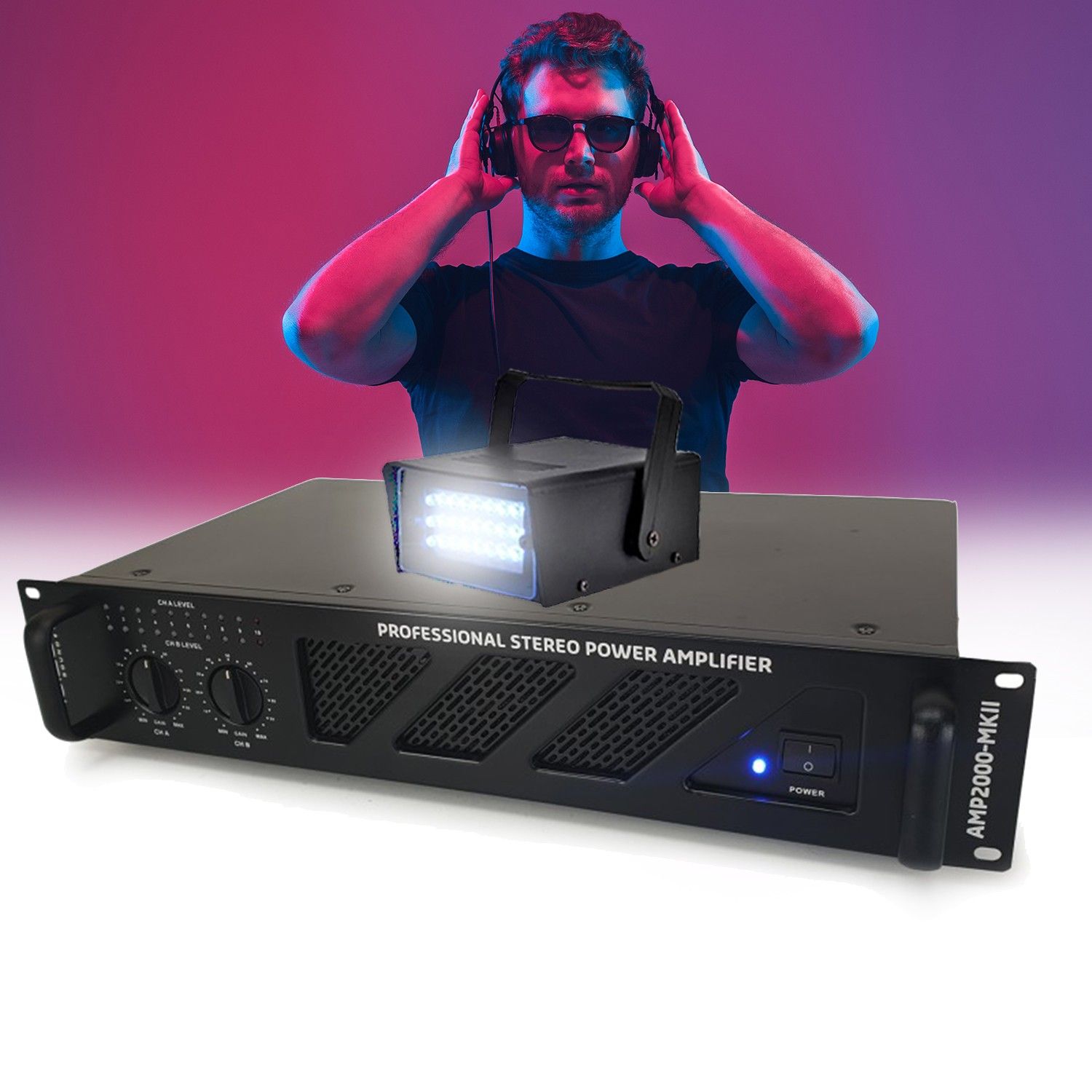 Ibiza Sound AMP2000-MKII 2x1500W Professional PA Amplifier with Mini Strobe Light