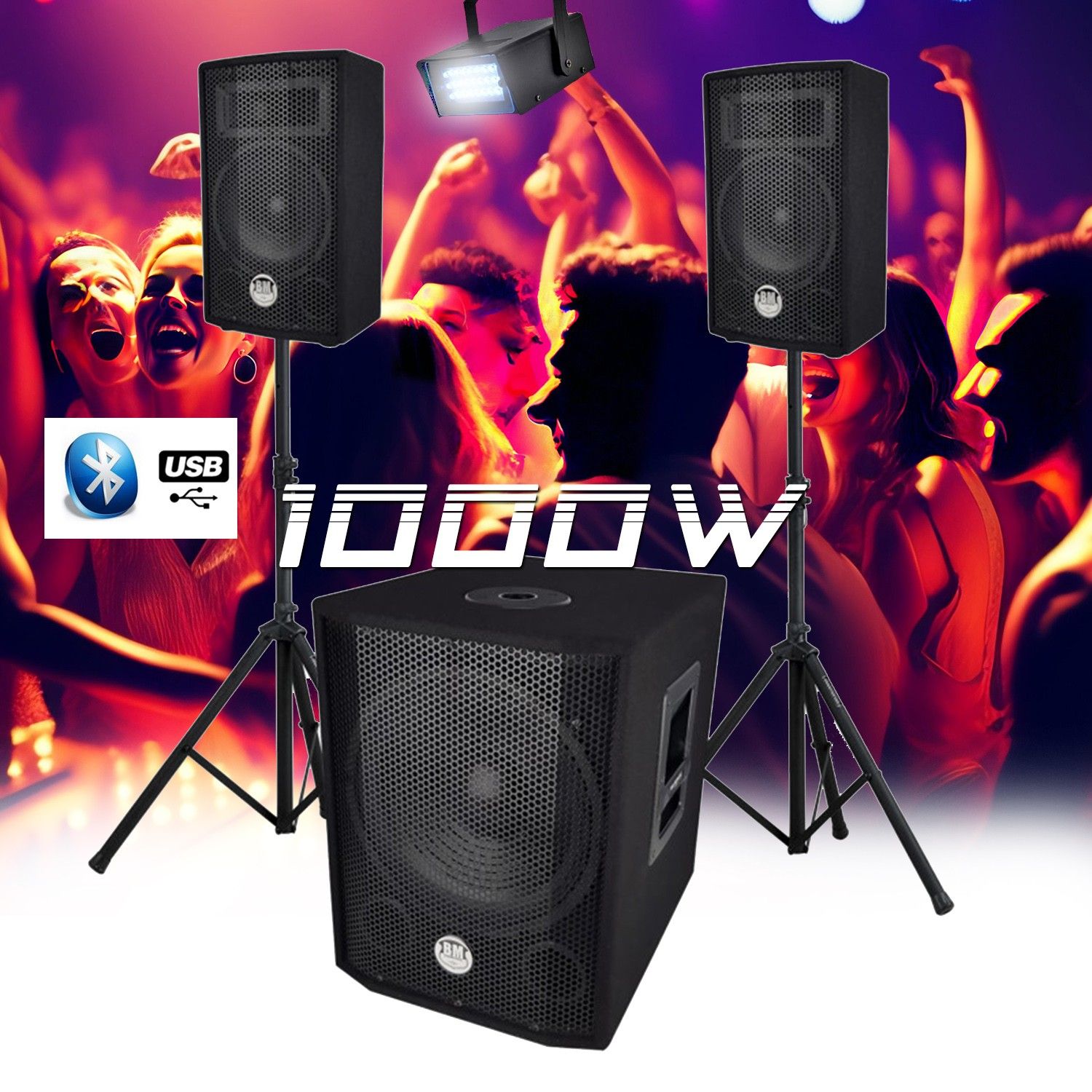 BMS 1208 Triphonic System, 1000W Bi-Amped Enclosure - USB Bluetooth Cables Stand - Mini Strobe Light