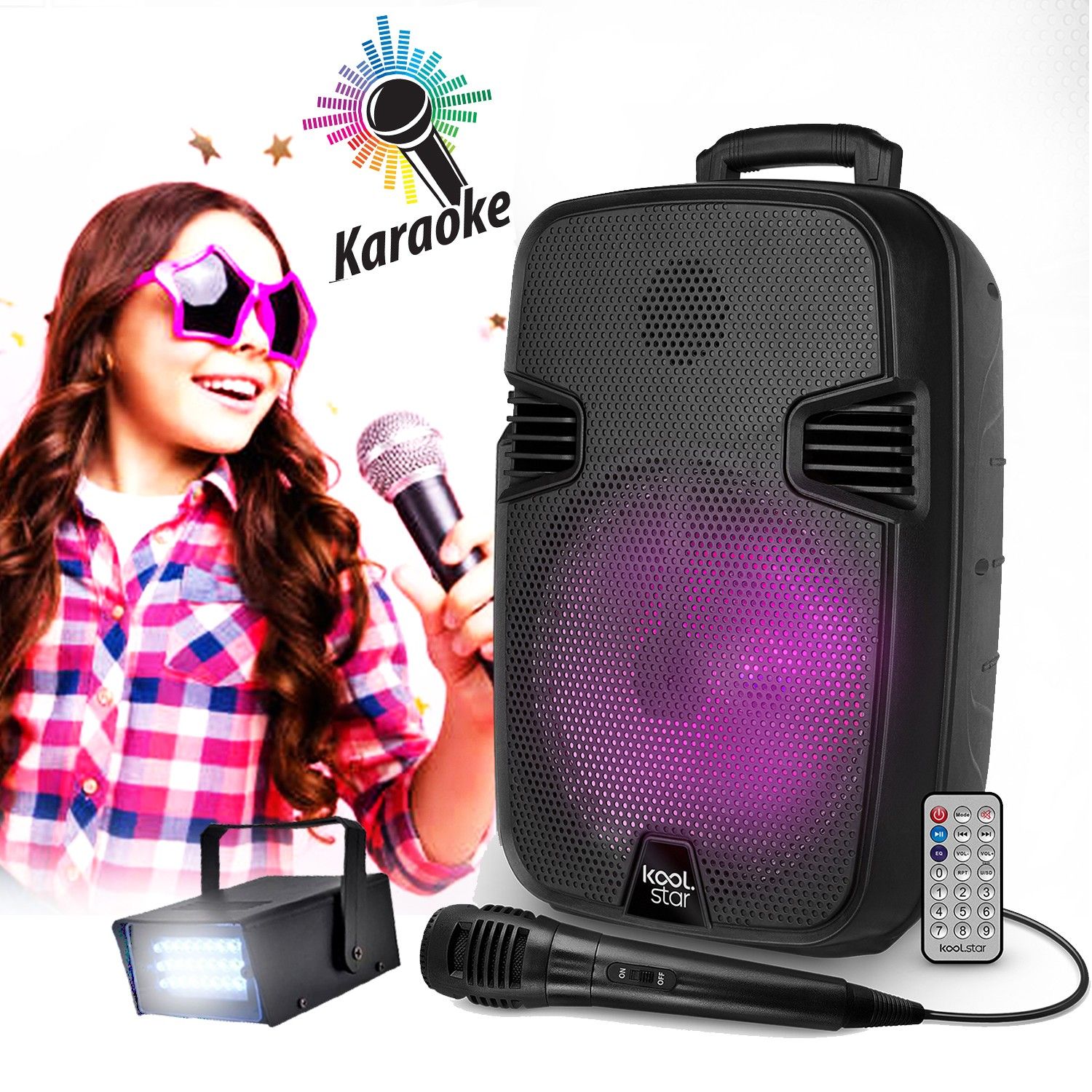 Haut-parleur DJ portable Koolstar STARLED08, 100 W, boômeur LED RVB de 20 cm avec Bluetooth et USB, lumière stroboscopique mini offerte