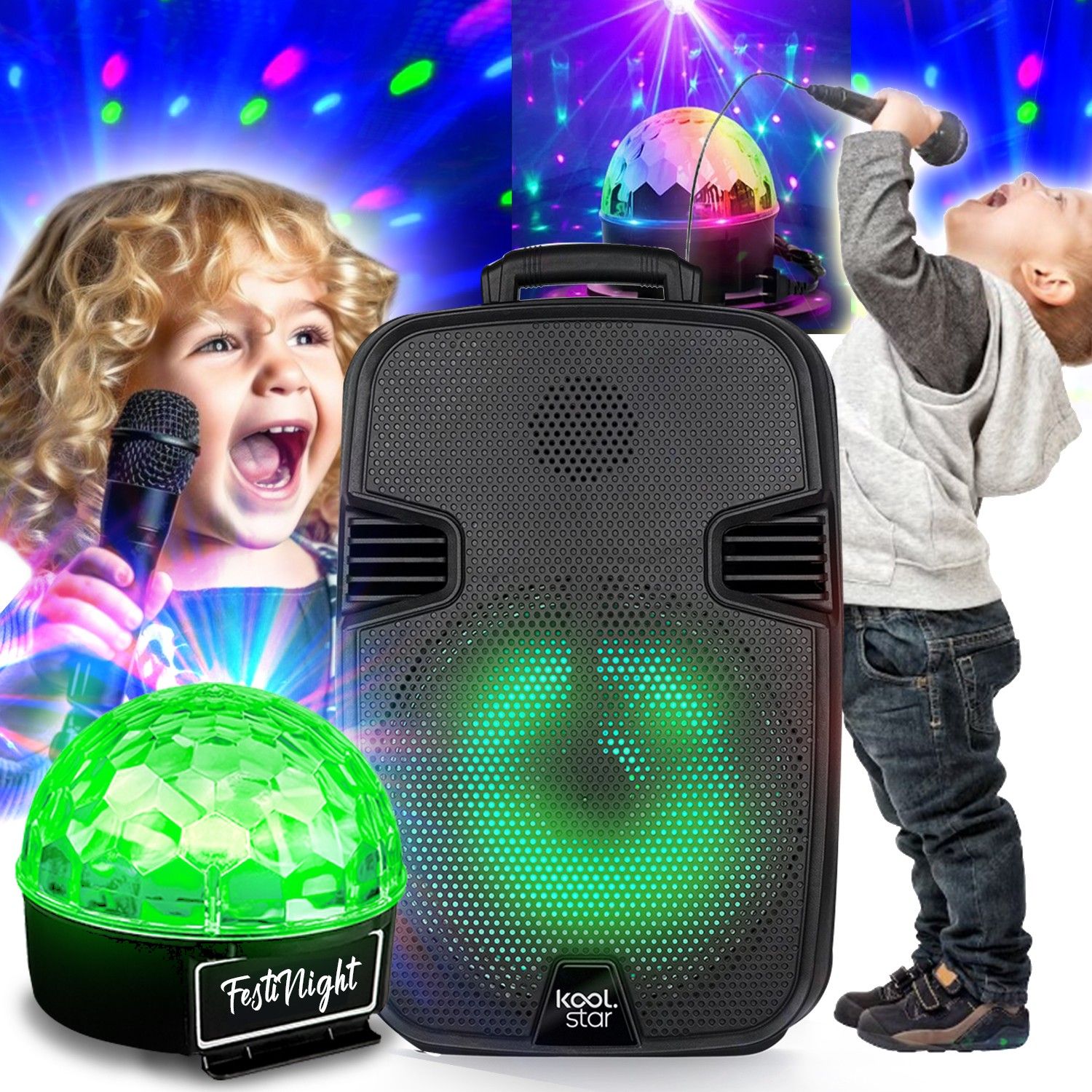 Koolstar Kids Mobile Karaoke Speaker 100W, USB Bluetooth, 8-inch LED RGB Boomer, Light Show Included