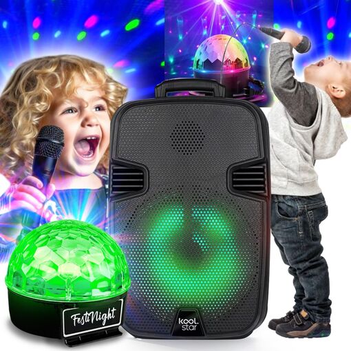 Haut-parleur de karaoké mobile Koolstar pour enfants de 100 W, USB Bluetooth, boomer LED RVB de 20 cm, lumière show incluse