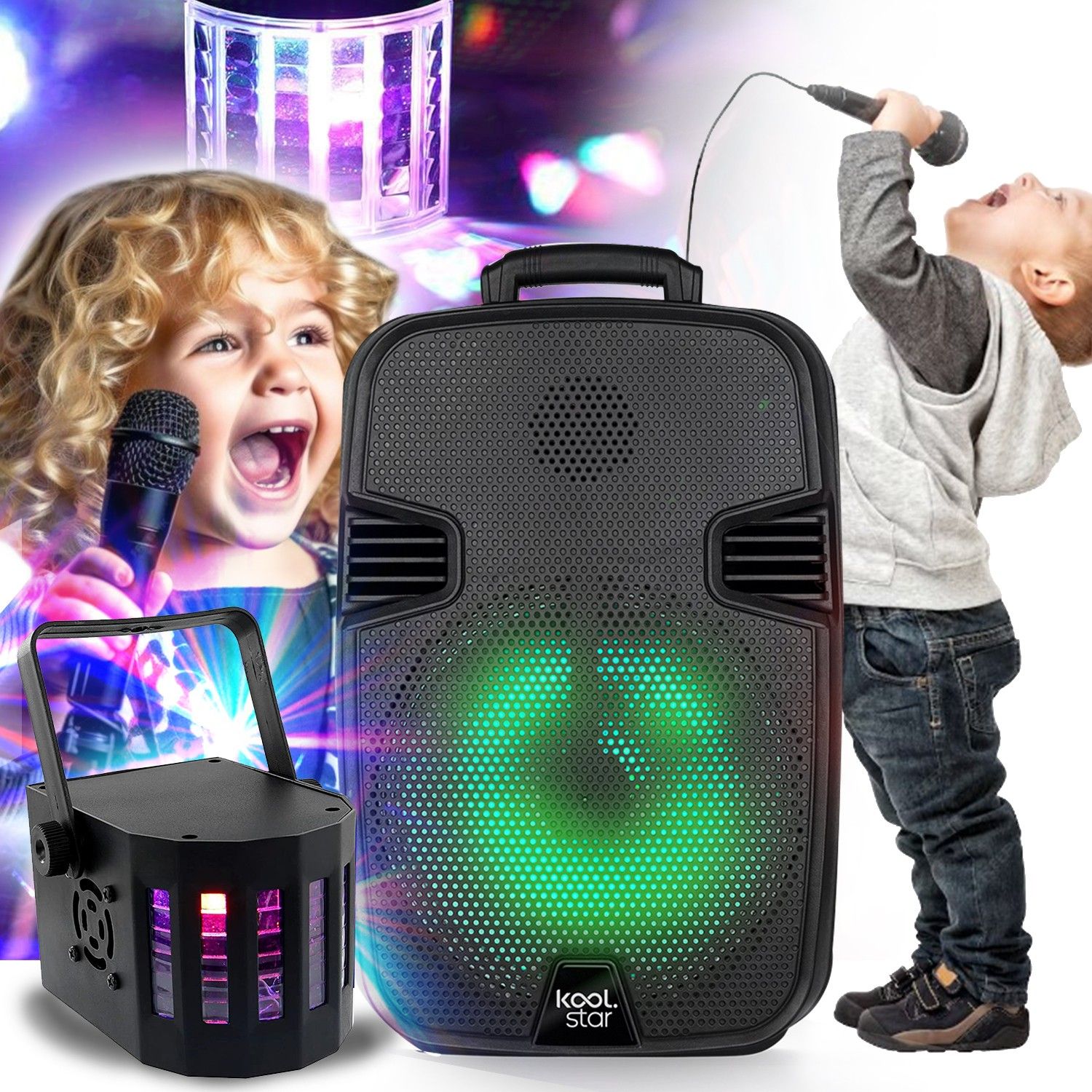 Altavoz Karaoke para Niños KoolStar STARLED08 - 100W, USB, Bluetooth, LED RGB, Kit de Luces Incluido