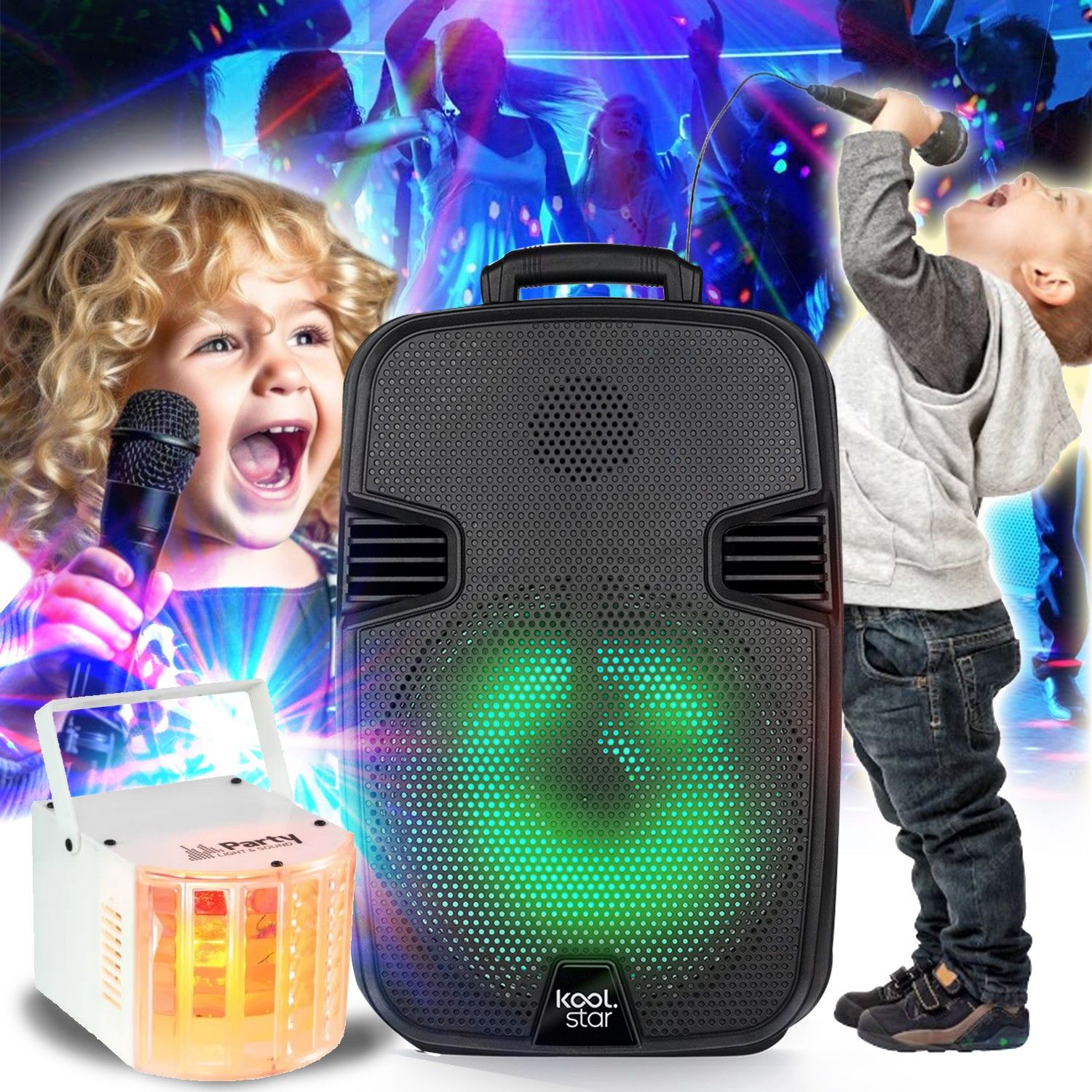 Koolstar Kids' Amped Karaoke Speaker 100W with USB, Bluetooth, and RGB LED Effects