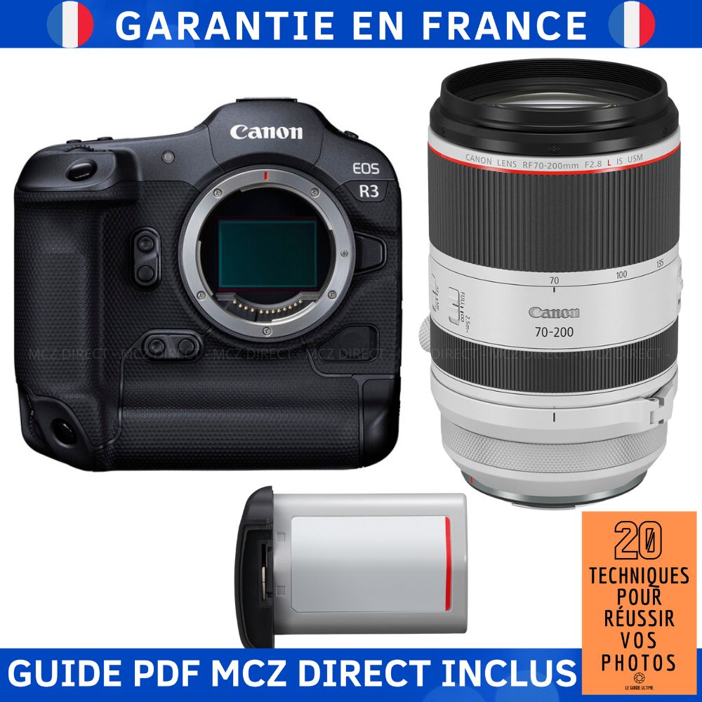 Canon EOS R3 + Objectif RF 70-200mm f/2,8 L IS USM + Batterie LP-E19 + Guide PDF MCZ DIRECT '20 Techniques pour Réussir vos Photos'