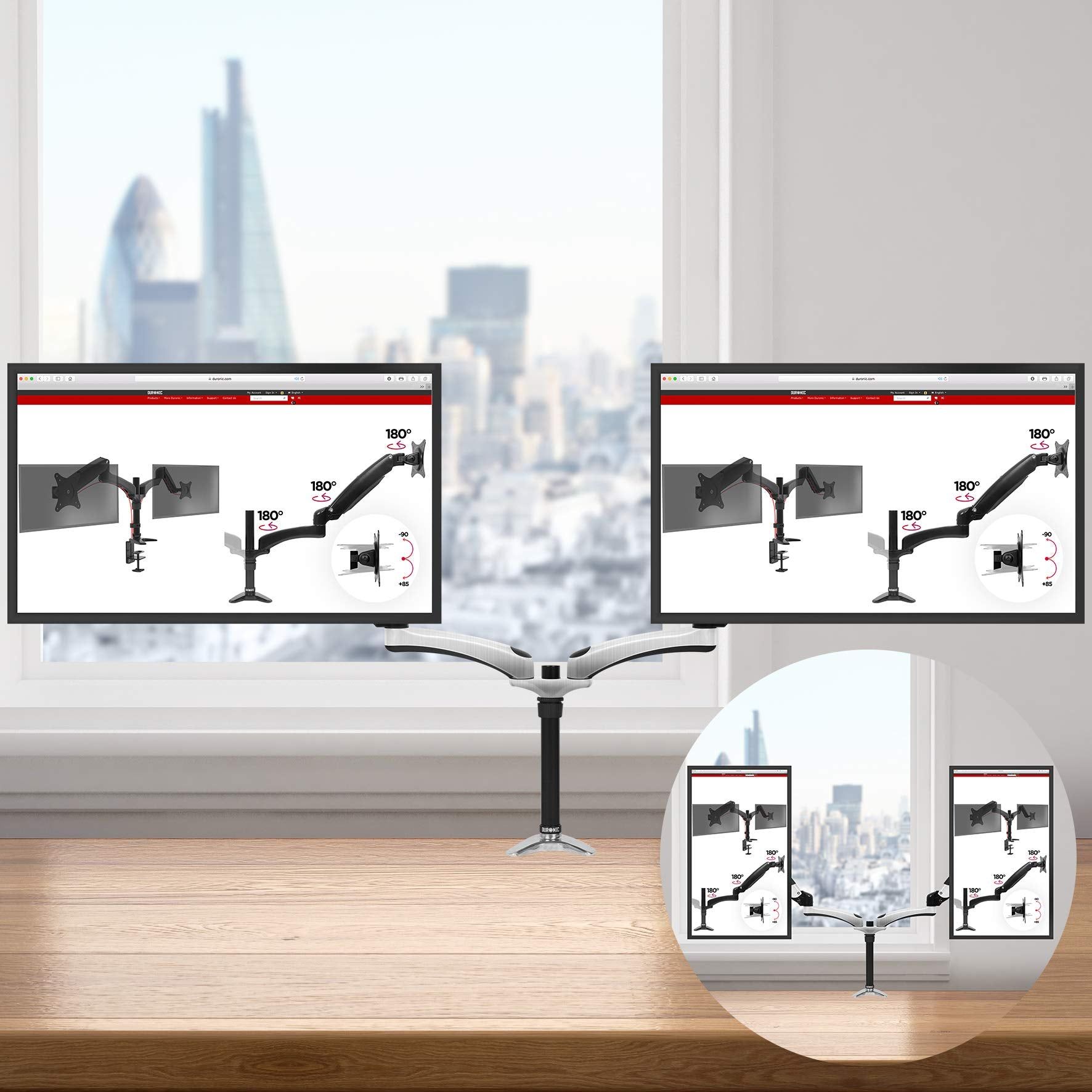 Duronic DM652 Dual-Monitor Arm with Gas Mechanism, Adjustable Height, VESA 75/100 Compatibility, Chrome Finish, Cable Organizer