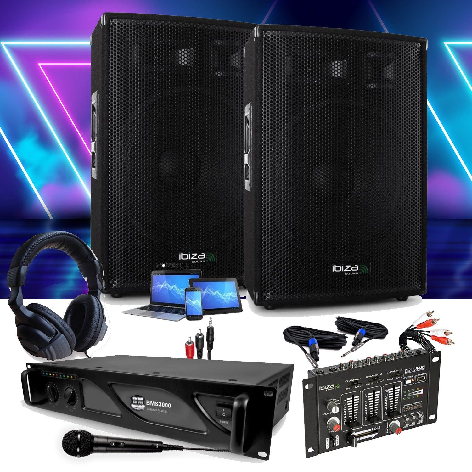 Pack Sono IBIZA DISCO12 : 2 enceintes 1200W + Amplificateur BM SONIC BMS3000W + Table de mixage IBIZA DJ21USB + Câblage complet