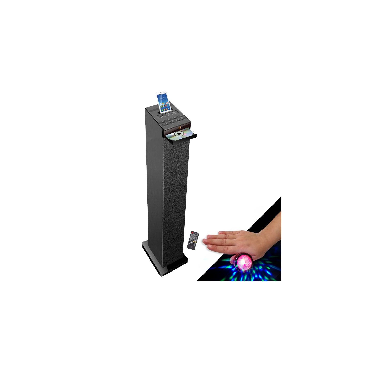 Inovalley BlackTower 60W Hi-Fi Tower Speaker with CD Player, Bluetooth, FM Radio, USB, Remote Control and LED Light Rings