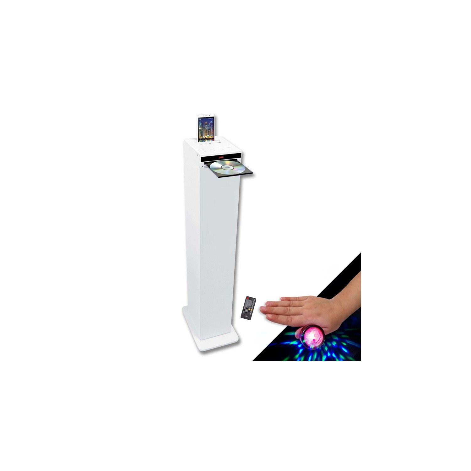 Inovalley Whitetower Hi-Fi Column Speaker, White with CD Player, Bluetooth, FM Radio, USB, Remote Control, LED Light Rings