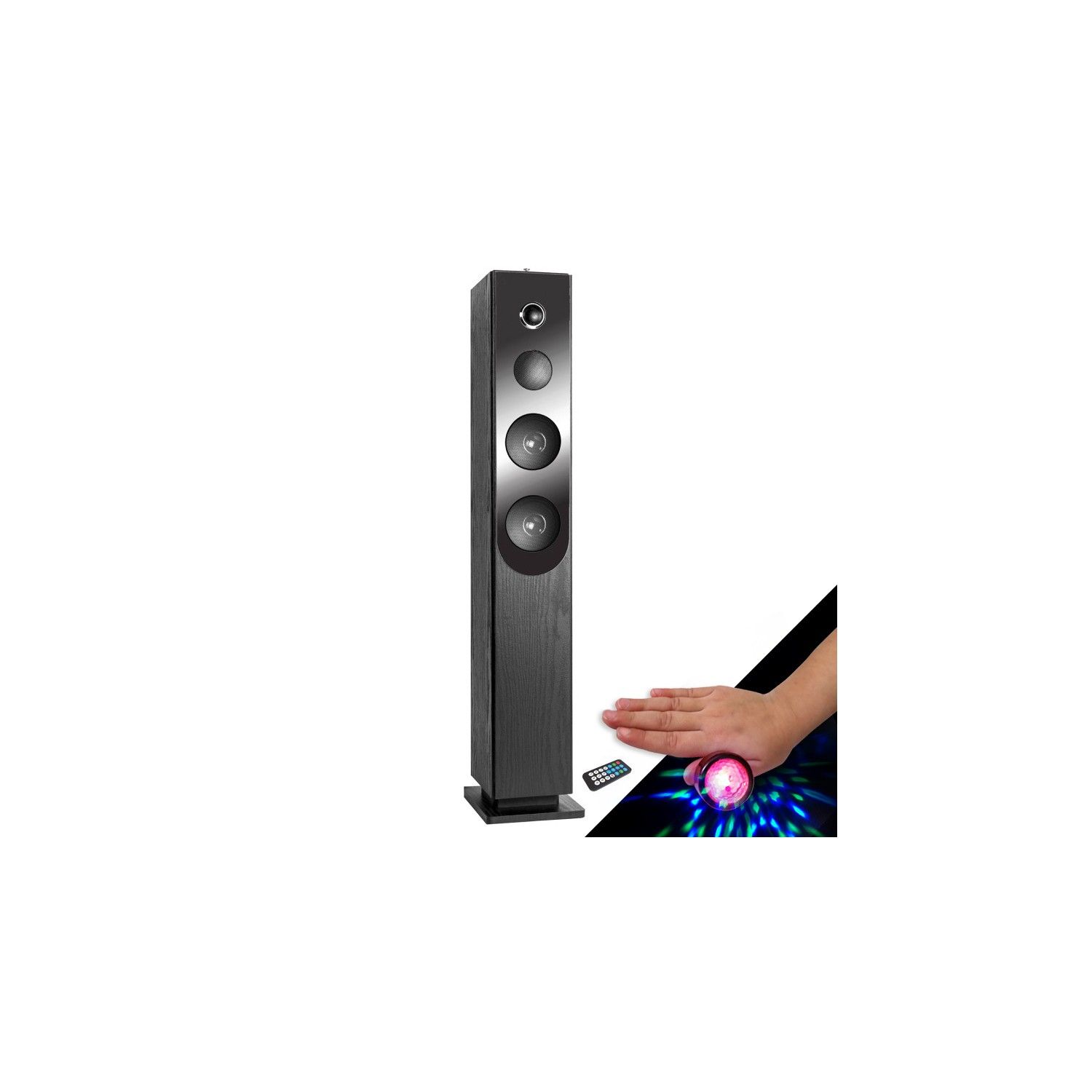 Haut-parleur colonne Inovalley Blacktower Bluetooth, 100W, FM et USB, télécommande, bagues lumineuses LED cadeau
