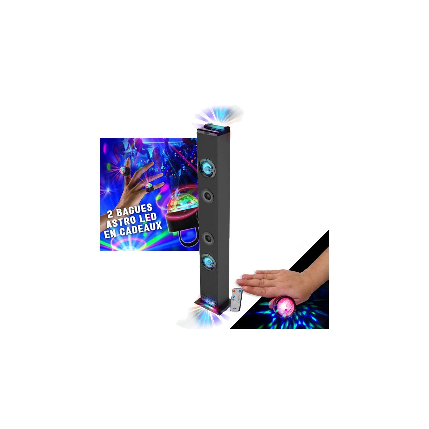 Torre de sonido INOVALLEY HP58BTH - Luz LED de rayos múltiples, Bluetooth, Radio FM, AUX - 60W, Luces de anillos LED regalo