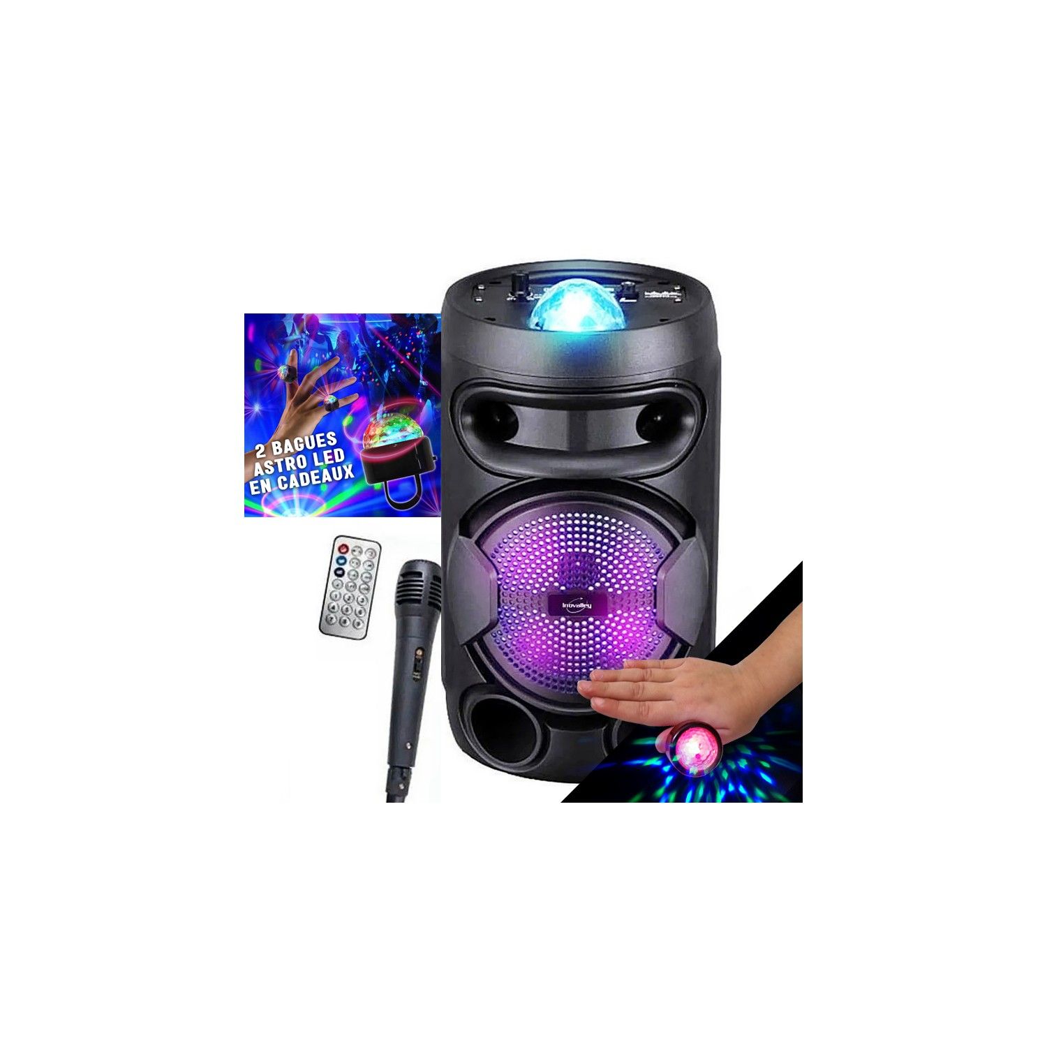 Enceinte mobile sur batterie INOVALLEY KA02 BOWL 400W - Radio FM, Karaoké Enfant, Lumières Bagues LED