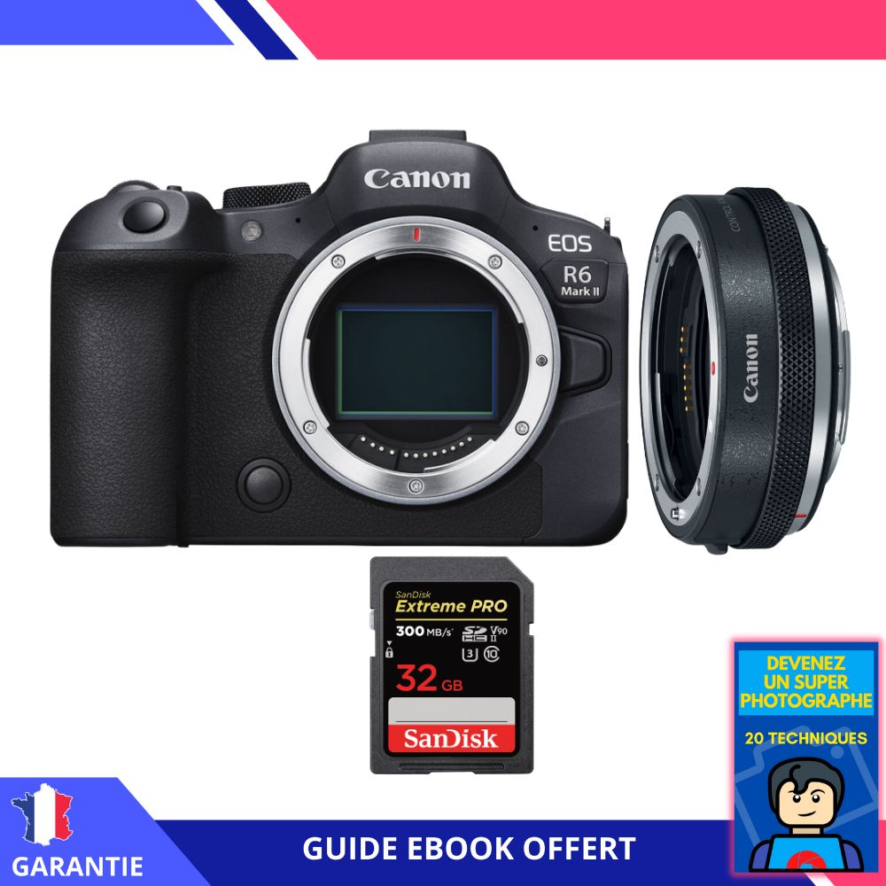 Canon EOS R6 Mark II + Canon EF-EOS R Premium + 1 SanDisk 32GB Extreme PRO UHS-II SDXC 300 MB/s + Ebook 'Devenez Un Super Photographe' - Appareil Photo Canon