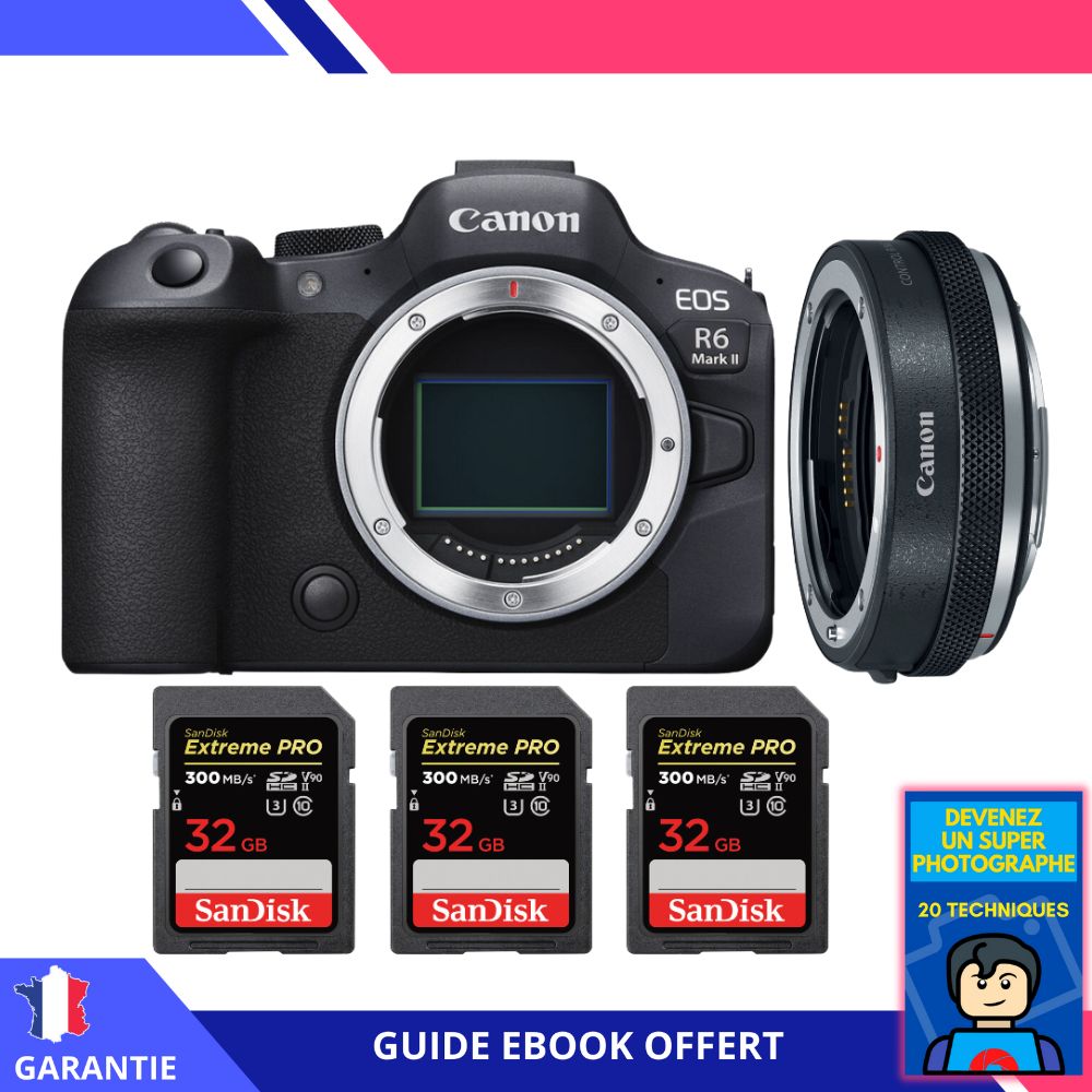 Canon EOS R6 Mark II Kit with Canon EF-EOS R Premium and 3 SanDisk 32GB Extreme PRO UHS-II SDXC Cards - Digital Camera