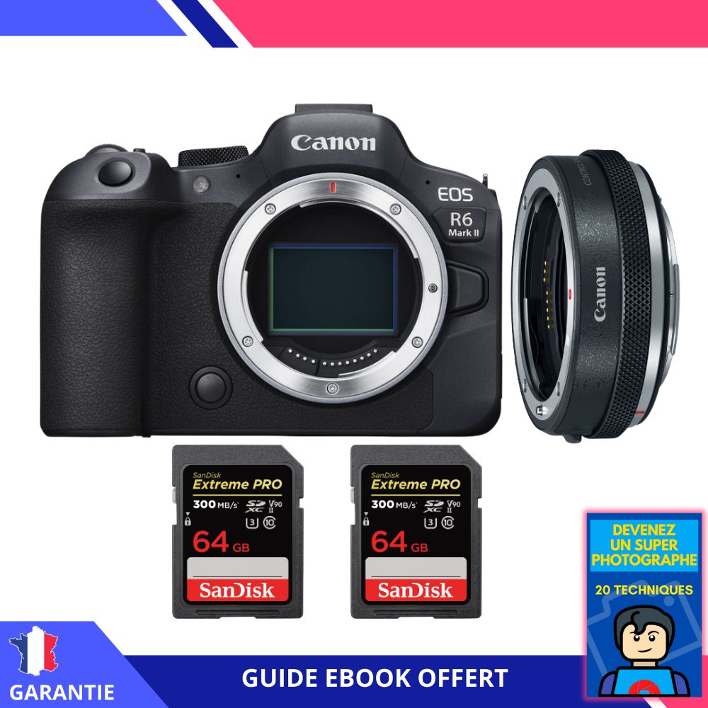 Canon EOS R6 Mark II + Canon EF-EOS R Premium + 2 SanDisk 64GB Extreme PRO UHS-II SDXC 300 MB/s Memory Cards + Ebook 'Become a Super Photographer' - Camera