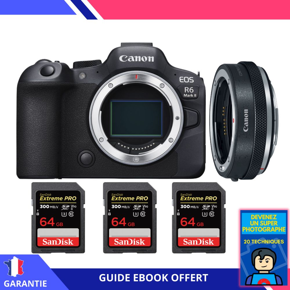Canon EOS R6 Mark II + Canon EF-EOS R Premium + 3 SanDisk 64GB Extreme PRO UHS-II SDXC 300 MB/s + Ebook 'Devenez Un Super Photographe' - Appareil Photo Canon