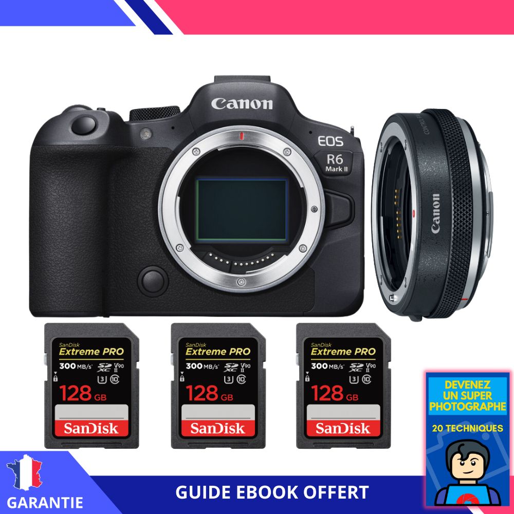 Canon EOS R6 Mark II + Canon EF-EOS R Premium + 3 SanDisk 128GB Extreme PRO UHS-II SDXC 300 MB/s + Ebook 'Become a Super Photographer' - Camera