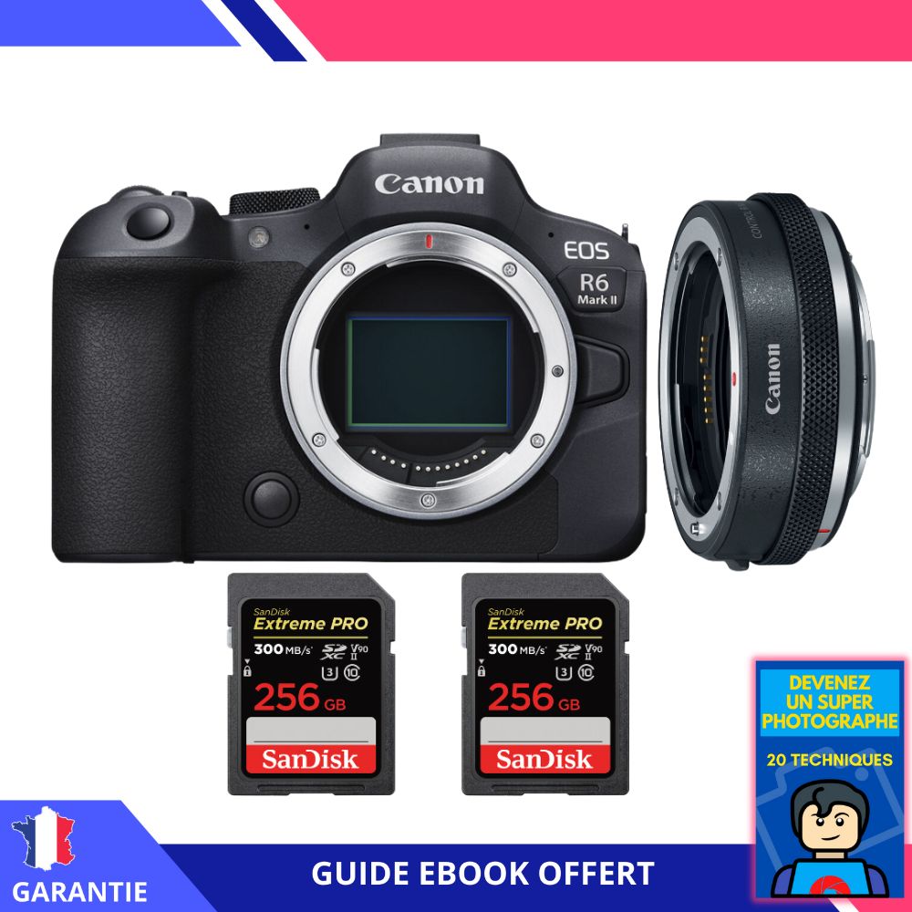Canon EOS R6 Mark II + Canon EF-EOS R Premium + 2 SanDisk 256GB Extreme PRO UHS-II SDXC 300MB/s + Ebook 'Devenez Un Super Photographe' - Appareil Photo Canon