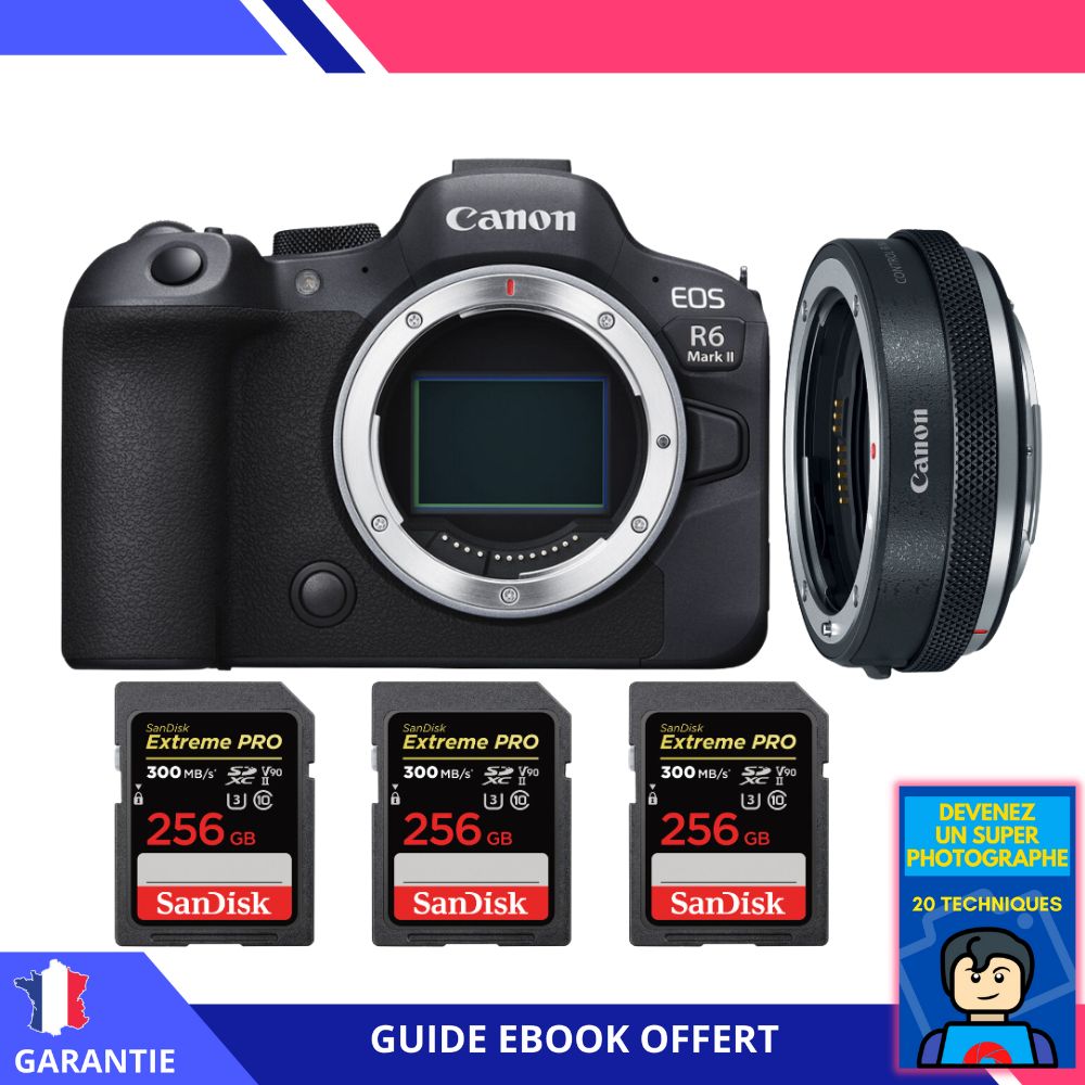 Canon EOS R6 Mark II + Canon EF-EOS R Premium + 3 Tarjetas SanDisk 256GB Extreme PRO UHS-II SDXC 300 MB/s + Ebook 'Conviértete en un Fotógrafo Profesional' - Cámara Canon