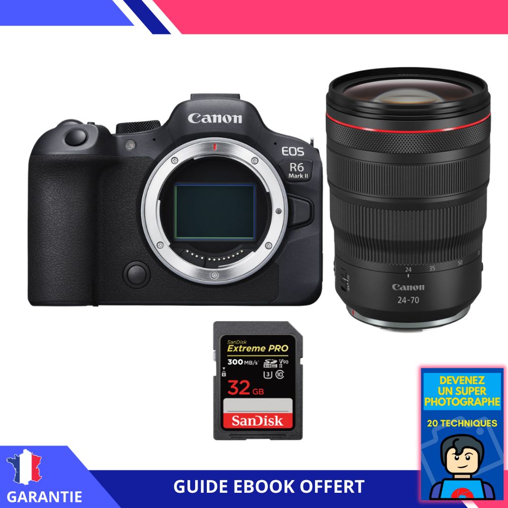 Canon EOS R6 Mark II + RF 24-70mm f/2.8 L IS USM Lens + 1 SanDisk 32GB Extreme PRO UHS-II SDXC Card + 'Become a Super Photographer' Ebook - Camera Canon