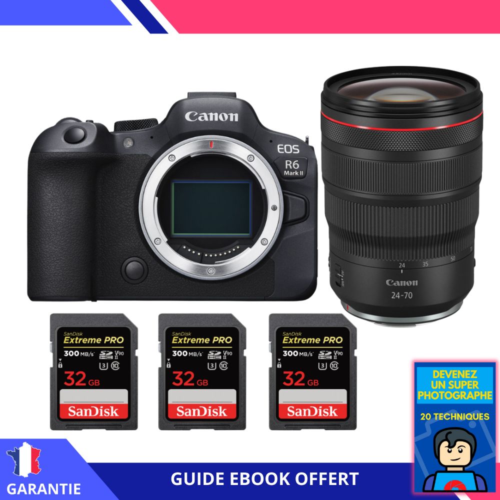 Canon EOS R6 Mark II + RF 24-70mm f/2.8 L IS USM Lens + 3 SanDisk 32GB Extreme PRO UHS-II SDXC Cards + 'Become a Super Photographer' Ebook - Camera