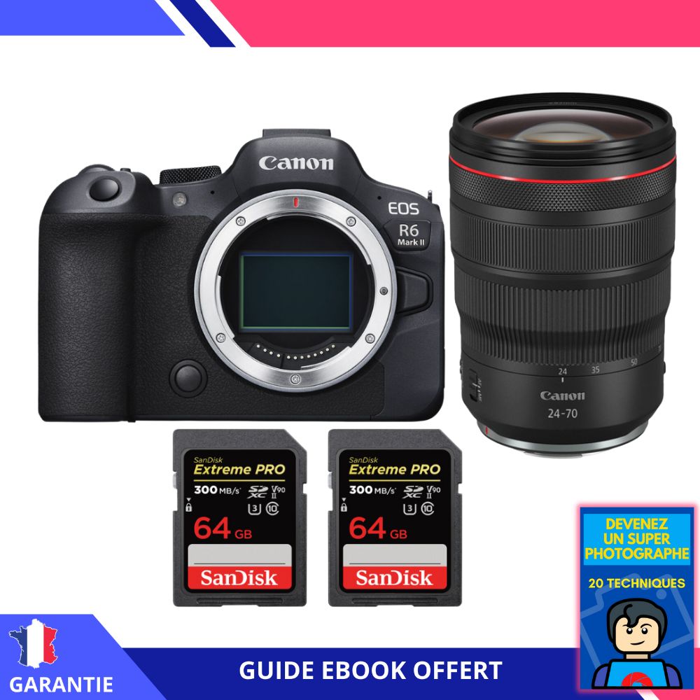 Canon EOS R6 Mark II + RF 24-70mm f/2.8 L IS USM Lens + 2x 64GB SanDisk Extreme PRO UHS-II SDXC Cards + 'Become a Super Photographer' Ebook - Camera