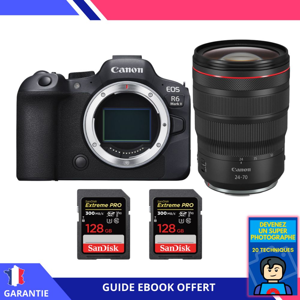 Canon EOS R6 Mark II + RF 24-70mm f/2.8 L IS USM + 2 SanDisk 128GB Extreme PRO UHS-II SDXC 300 MB/s + Ebook 'Devenez Un Super Photographe' - Appareil Photo Canon