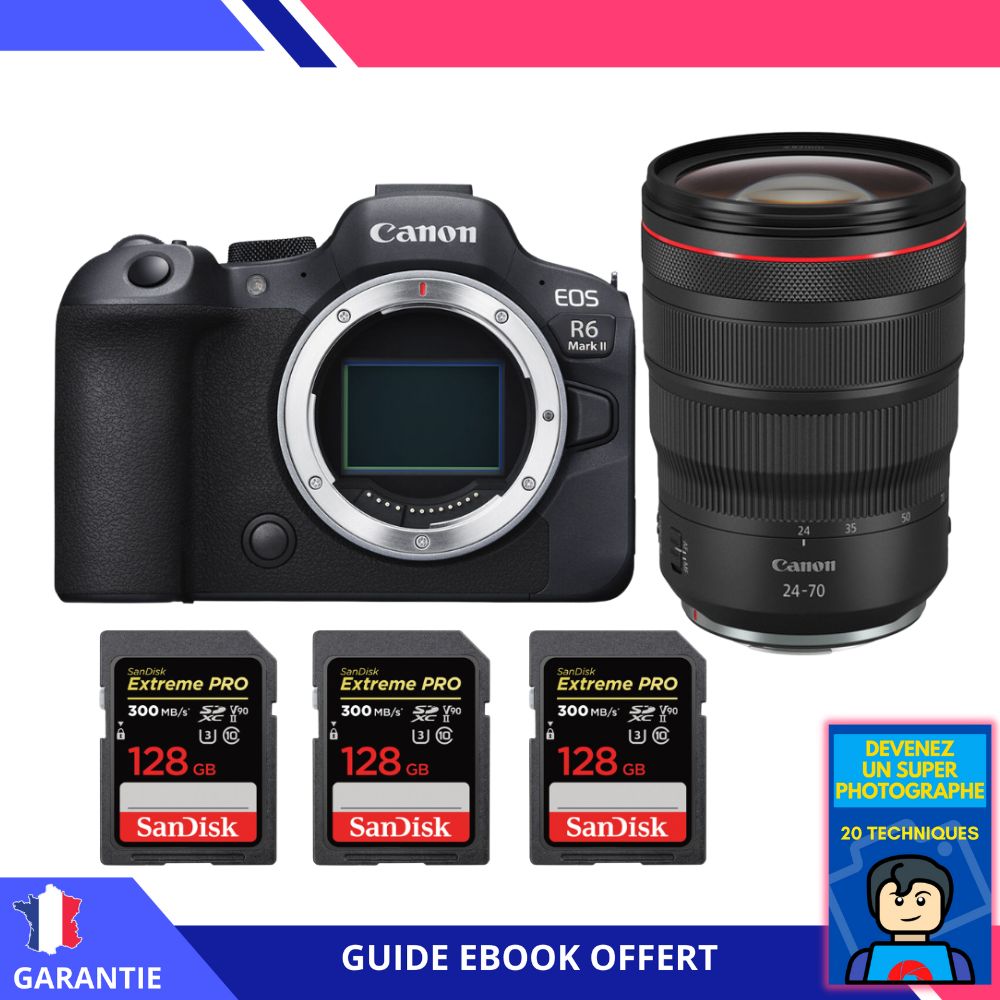 Canon EOS R6 Mark II + RF 24-70mm f/2.8 L IS USM Lens + 3 SanDisk 128GB Extreme PRO UHS-II SDXC Cards + 'Become a Super Photographer' Ebook - Camera Canon
