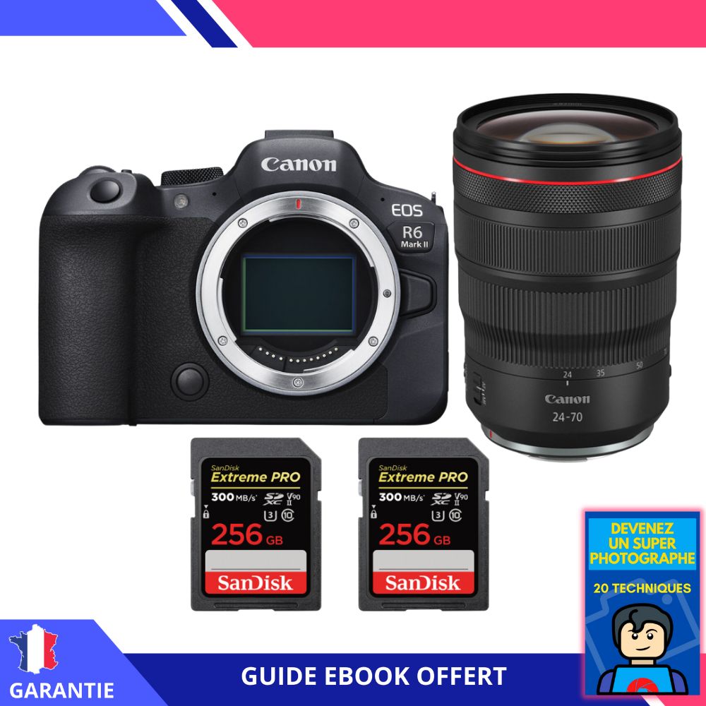 Canon EOS R6 Mark II + RF 24-70mm f/2.8 L IS USM + 2 SanDisk 256GB Extreme PRO UHS-II SDXC 300 MB/s + Ebook 'Devenez Un Super Photographe' - Appareil Photo Canon
