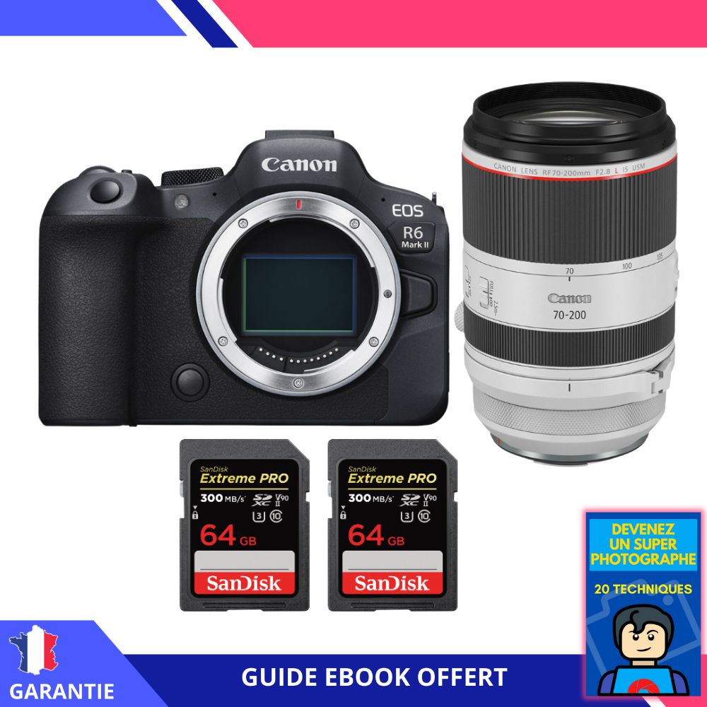 Canon EOS R6 Mark II + RF 70-200mm f/2.8 L IS USM + 2 SanDisk 64GB Extreme PRO UHS-II SDXC 300 MB/s + Ebook 'Devenez Un Super Photographe' - Appareil Photo Canon