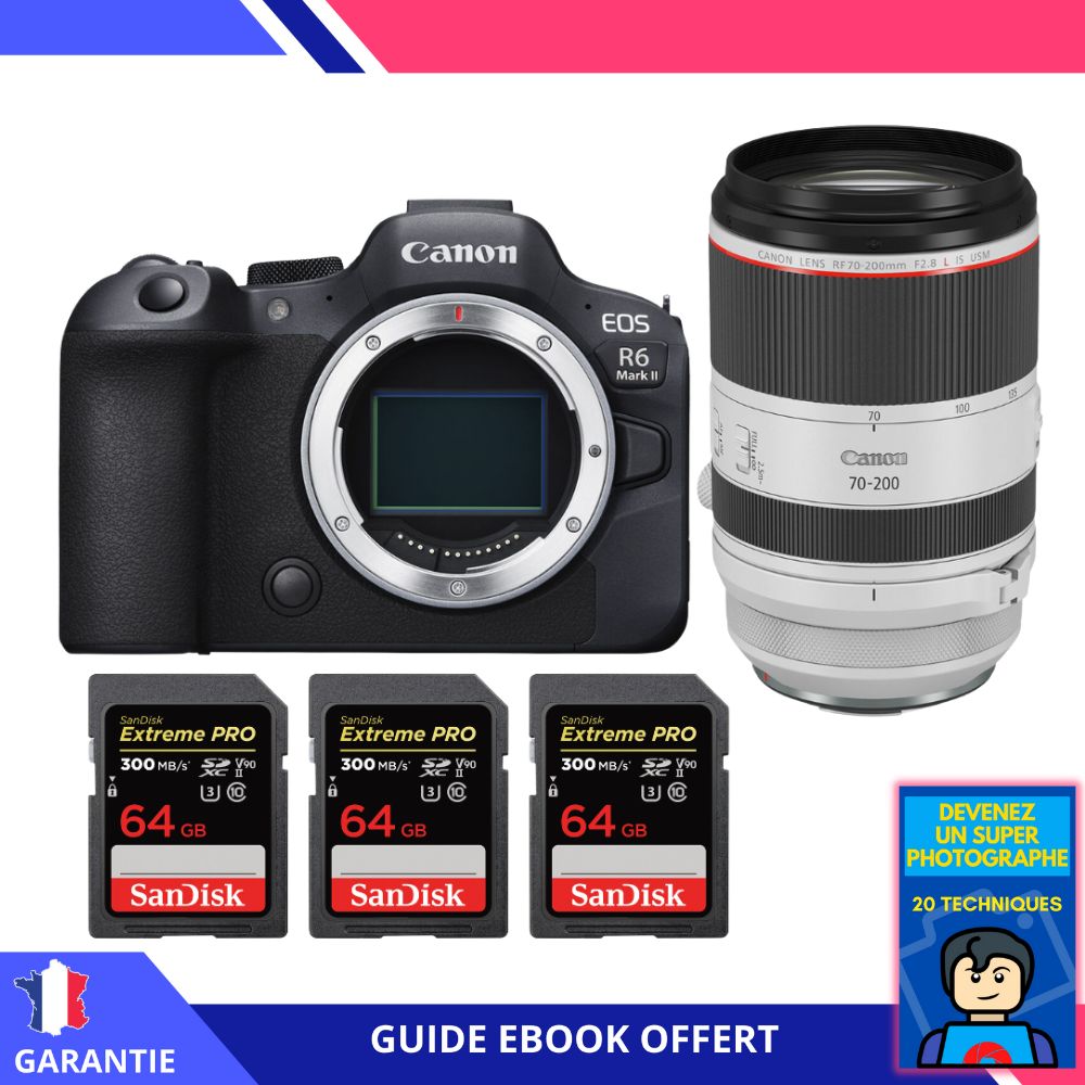 Canon EOS R6 Mark II + RF 70-200mm f/2.8 L IS USM Lens + 3 SanDisk 64GB Extreme PRO UHS-II SDXC Cards + 'Become a Super Photographer' Ebook - Camera