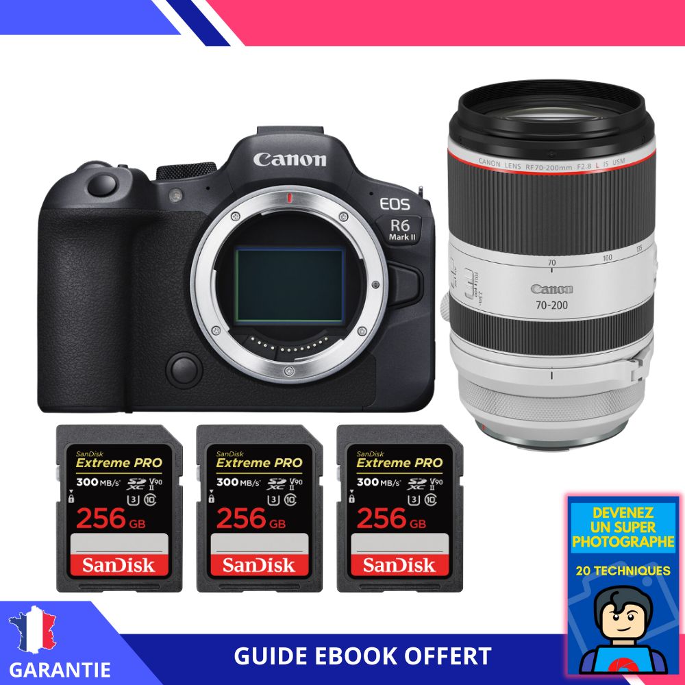 Canon EOS R6 Mark II + RF 70-200mm f/2.8 L IS USM + 3 SanDisk 256GB Extreme PRO UHS-II SDXC 300 MB/s Memory Cards + Ebook 'Become a Super Photographer' - Camera