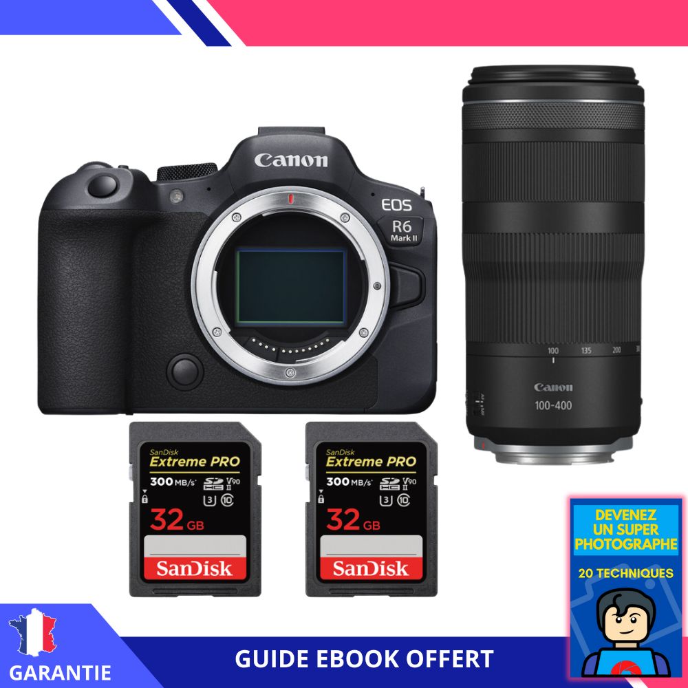 Canon EOS R6 Mark II + RF 100-400mm f/5.6-8 IS USM + 2 SanDisk 32GB Extreme PRO UHS-II SDXC 300 MB/s + Ebook 'Devenez Un Super Photographe' - Appareil Photo Canon
