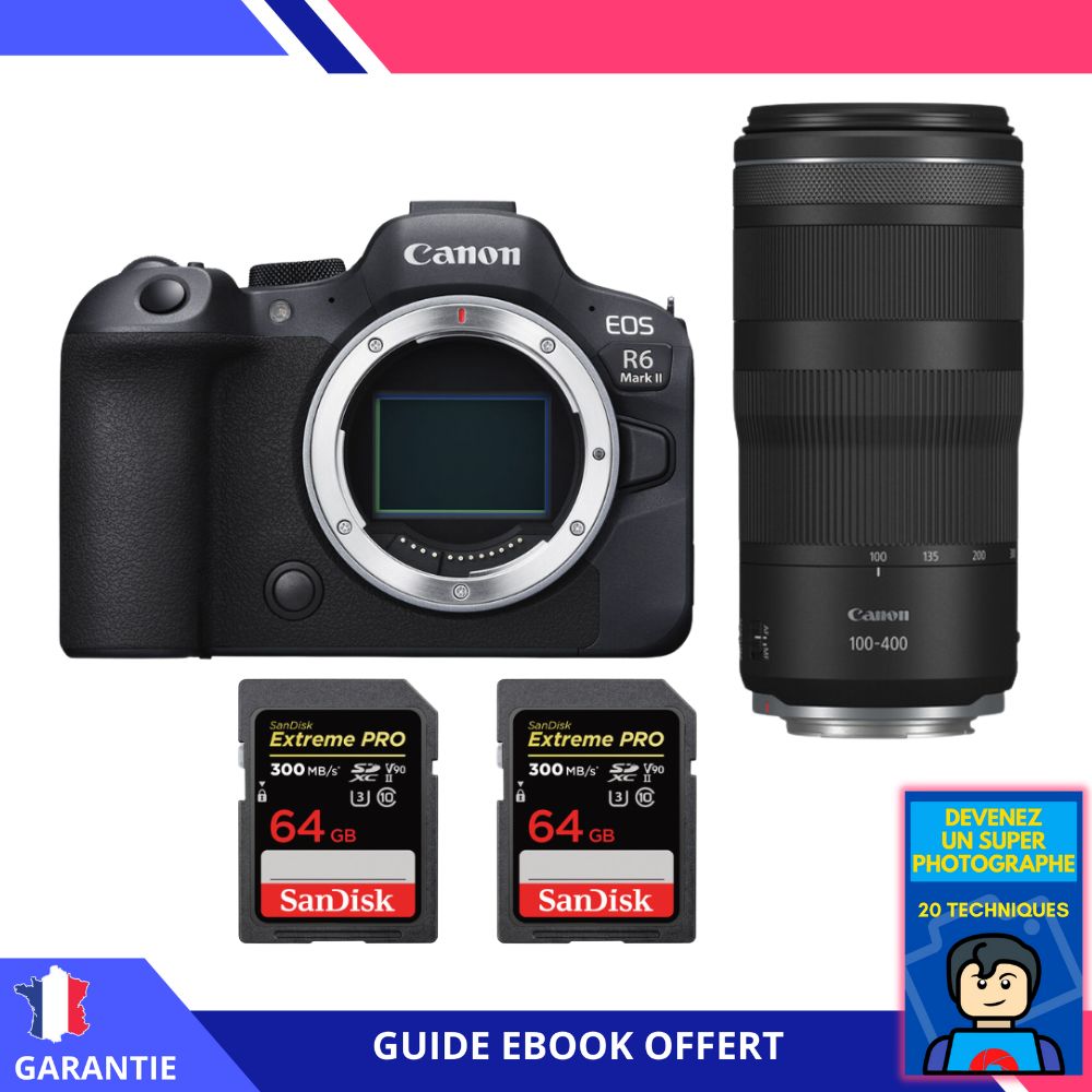 Canon EOS R6 Mark II + RF 100-400mm f/5.6-8 IS USM + 2 SanDisk 64GB Extreme PRO UHS-II SDXC 300MB/s + Ebook 'Devenez Un Super Photographe' - Appareil Photo Canon